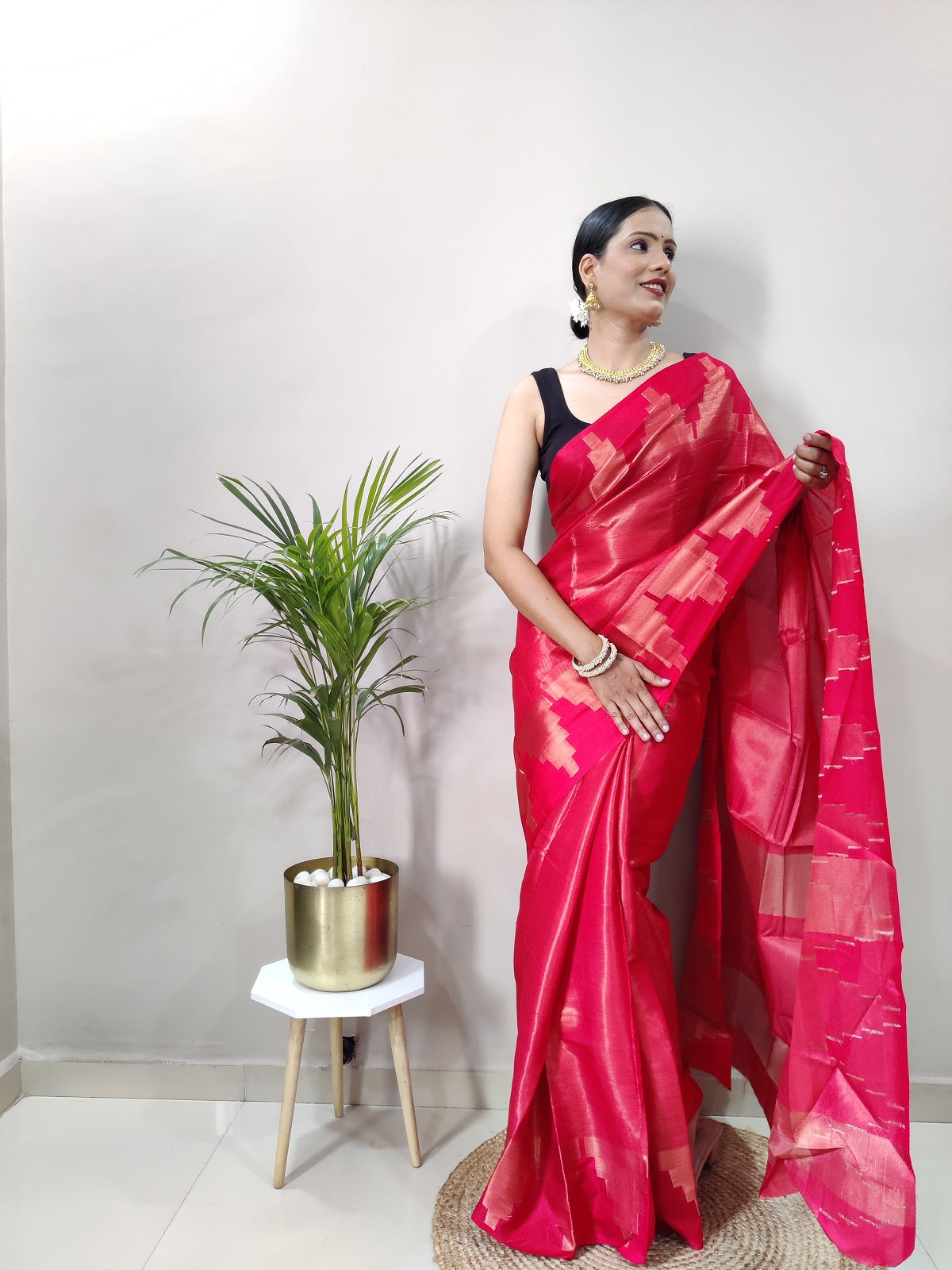 Red Pink Copper Design Temple Pure Silk Saree