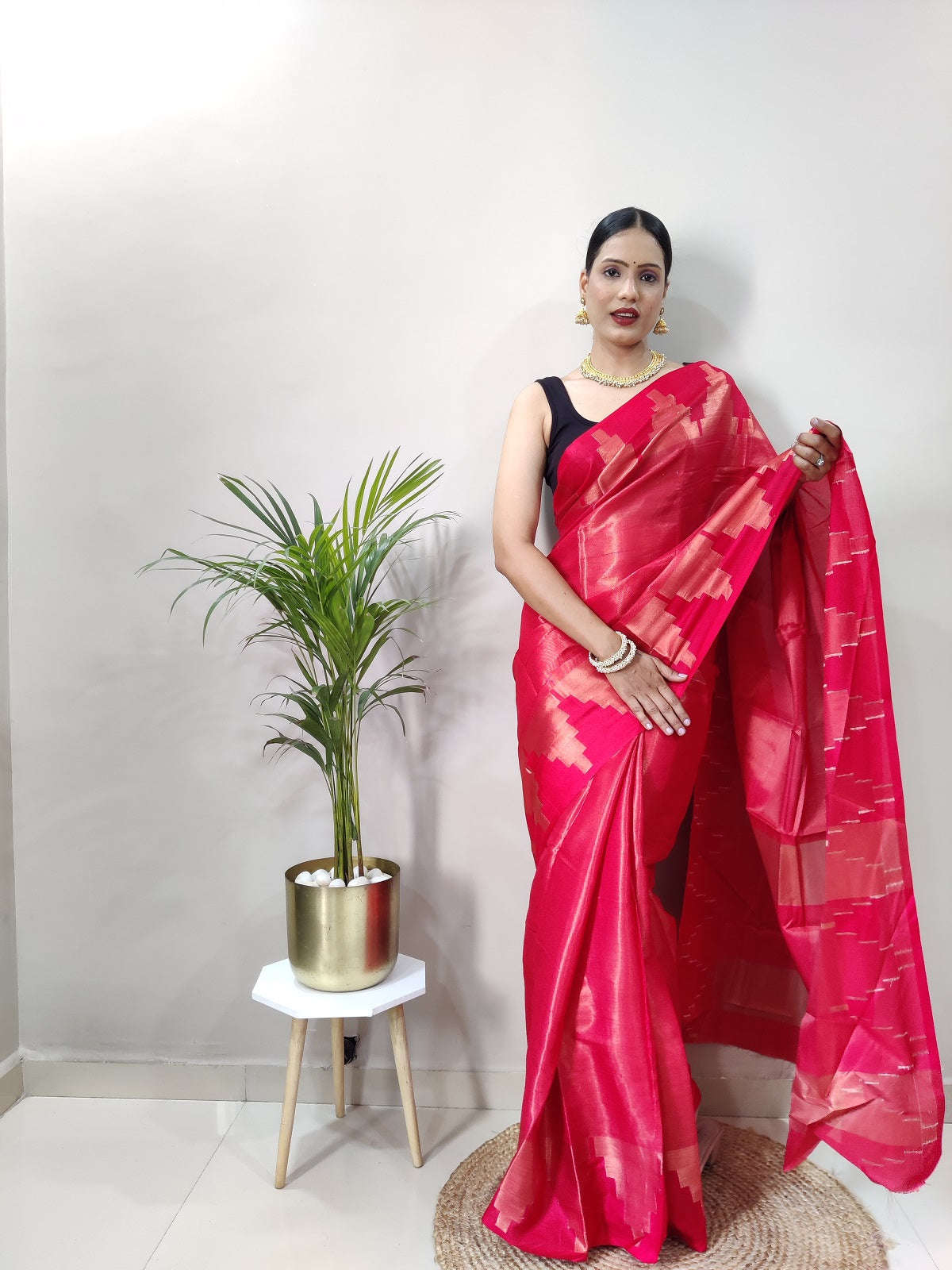 Red Pink Copper Design Temple Pure Silk Saree