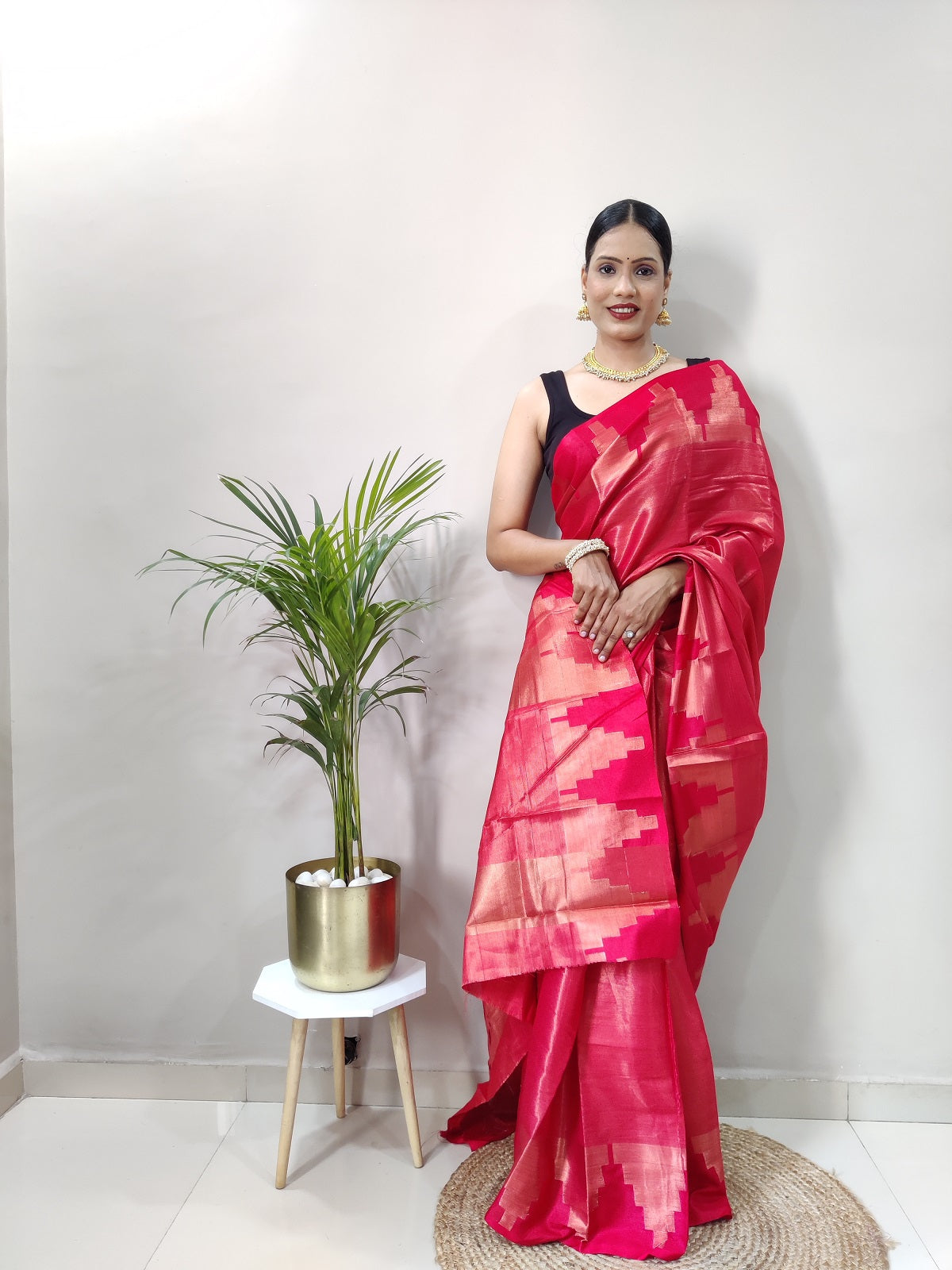 Red Pink Copper Design Temple Pure Silk Saree