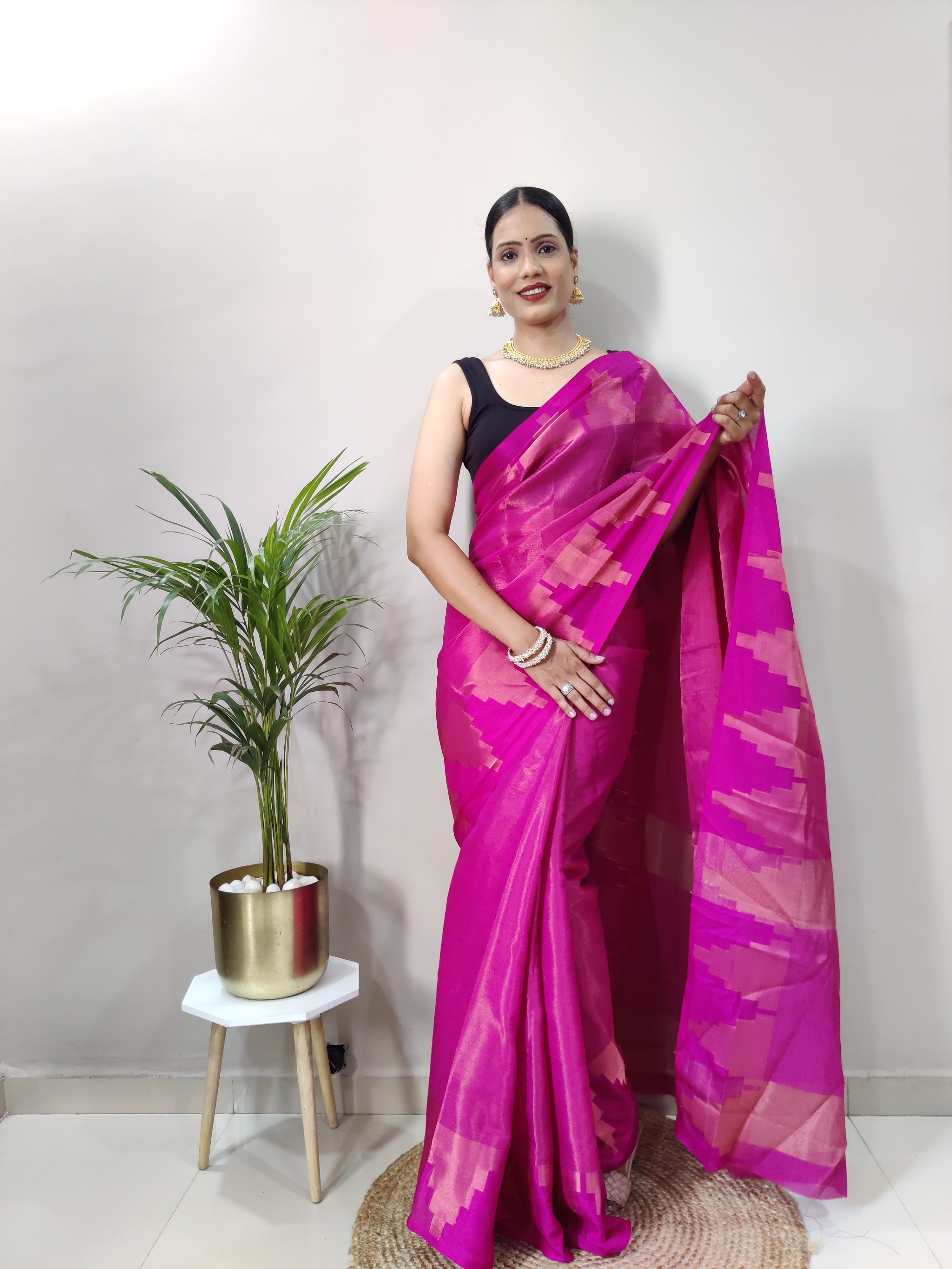 Pink Copper Design Temple Pure Silk Saree