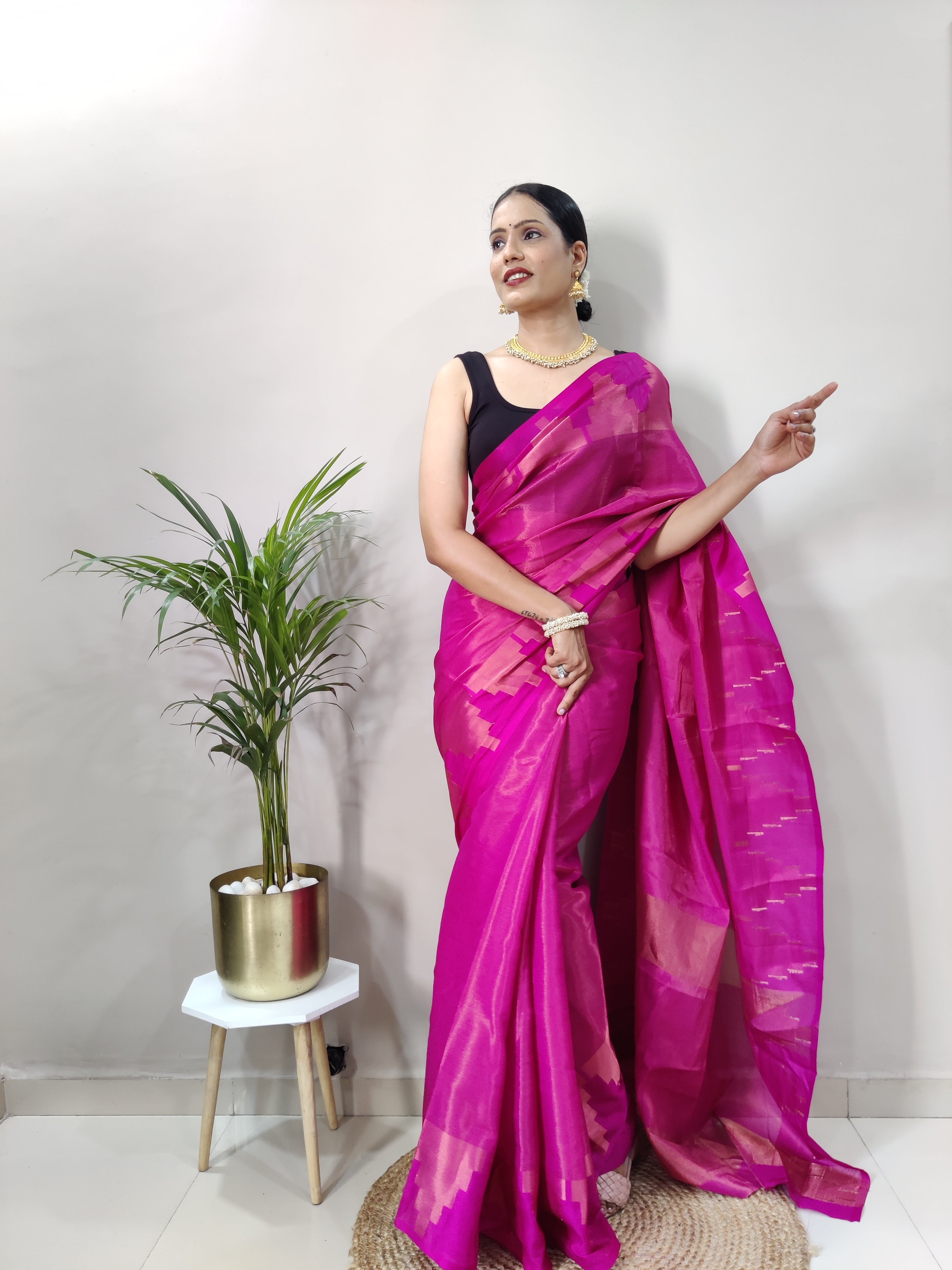 Pink Copper Design Temple Pure Silk Saree