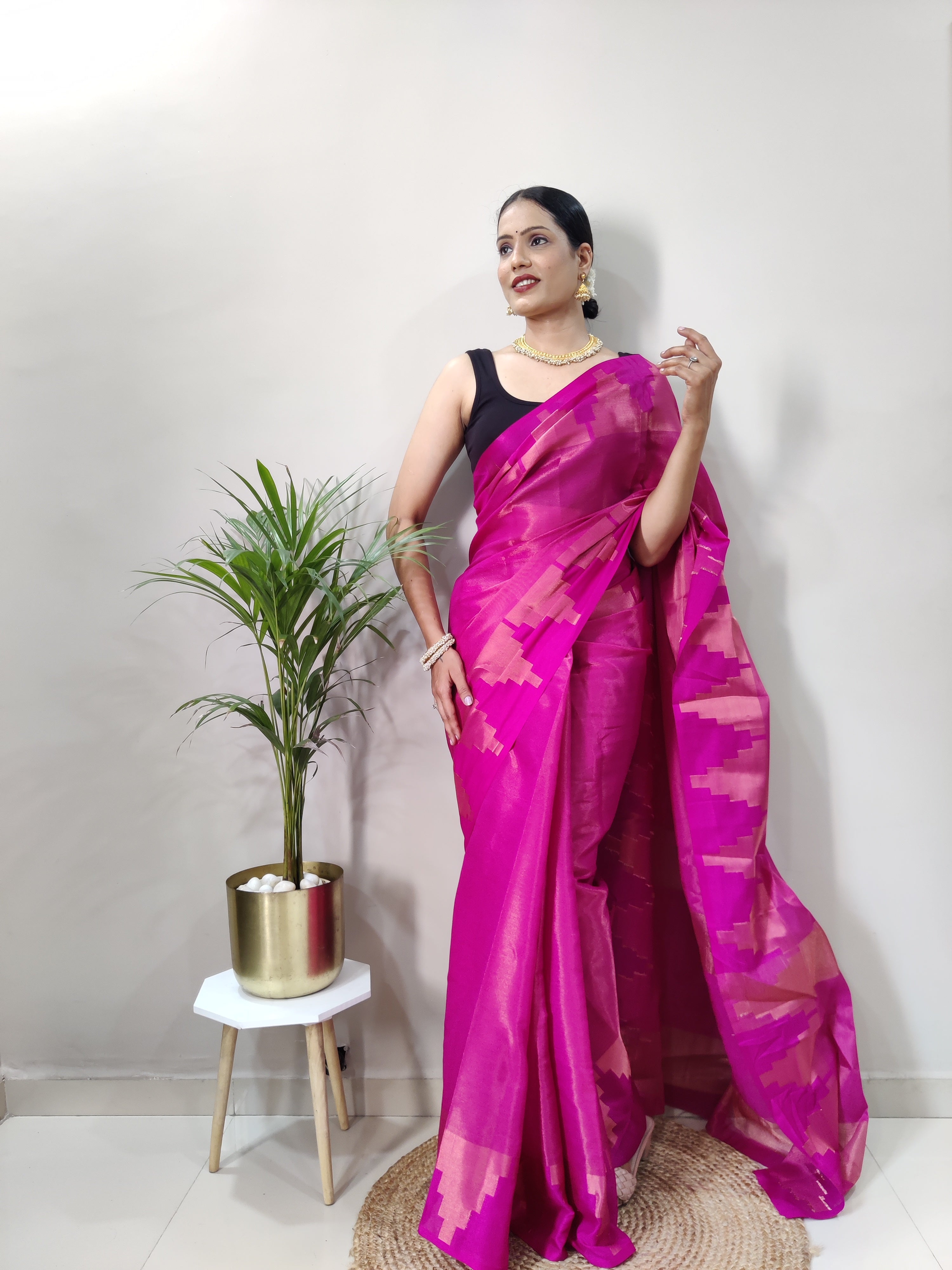 Pink Copper Design Temple Pure Silk Saree