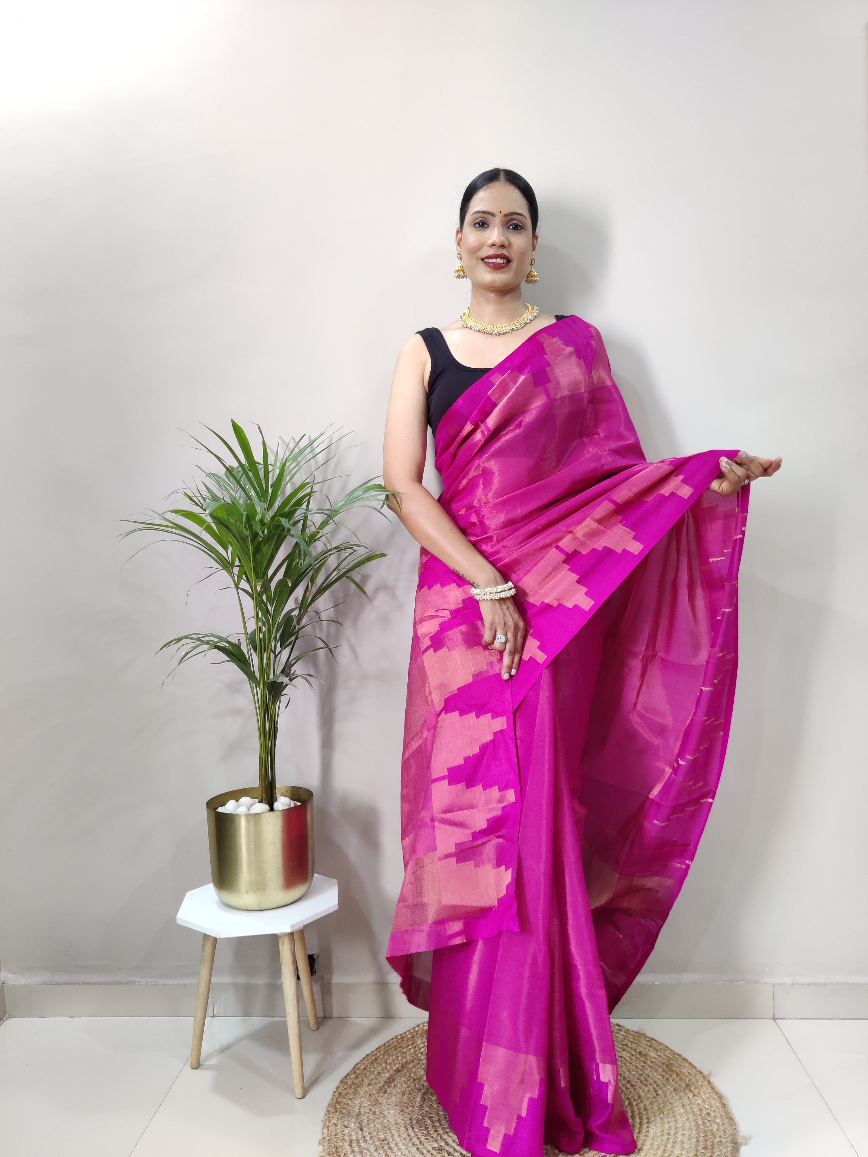 Pink Copper Design Temple Pure Silk Saree