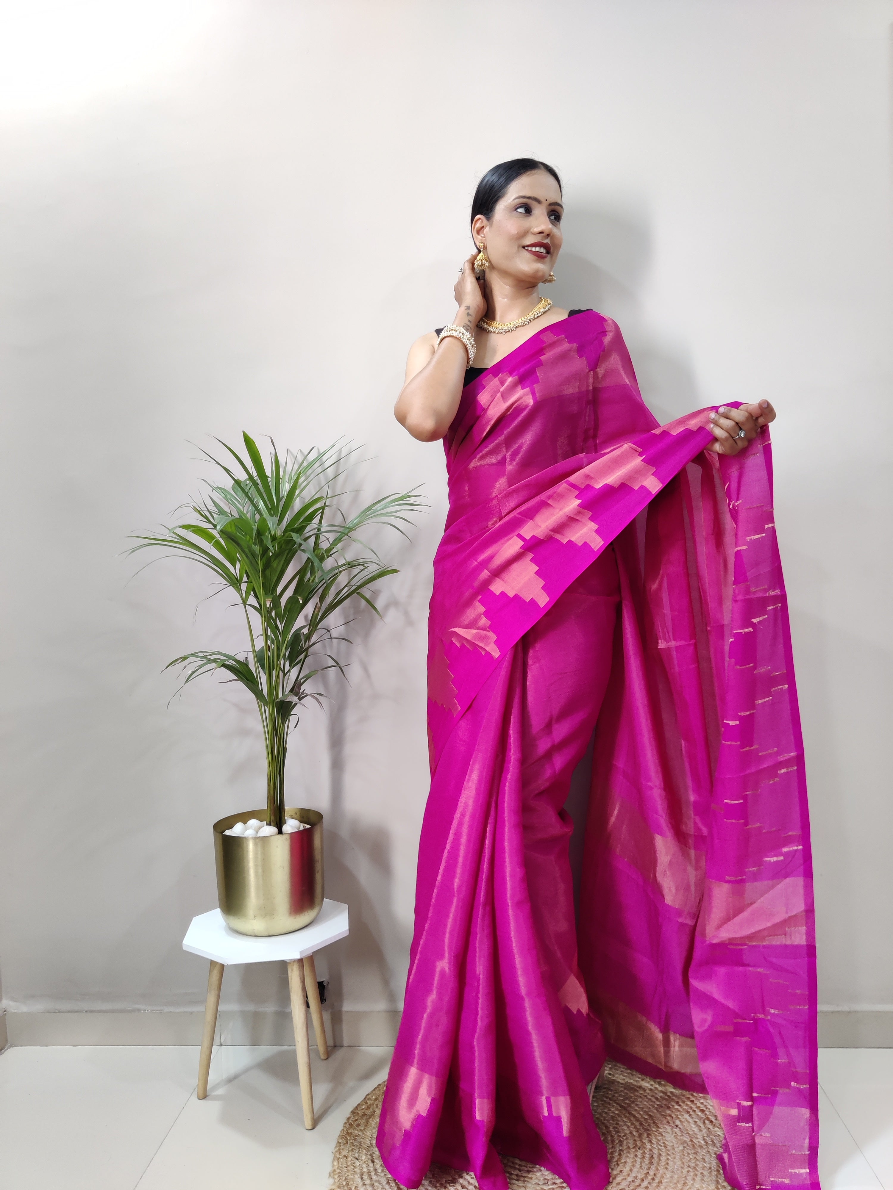 Pink Copper Design Temple Pure Silk Saree