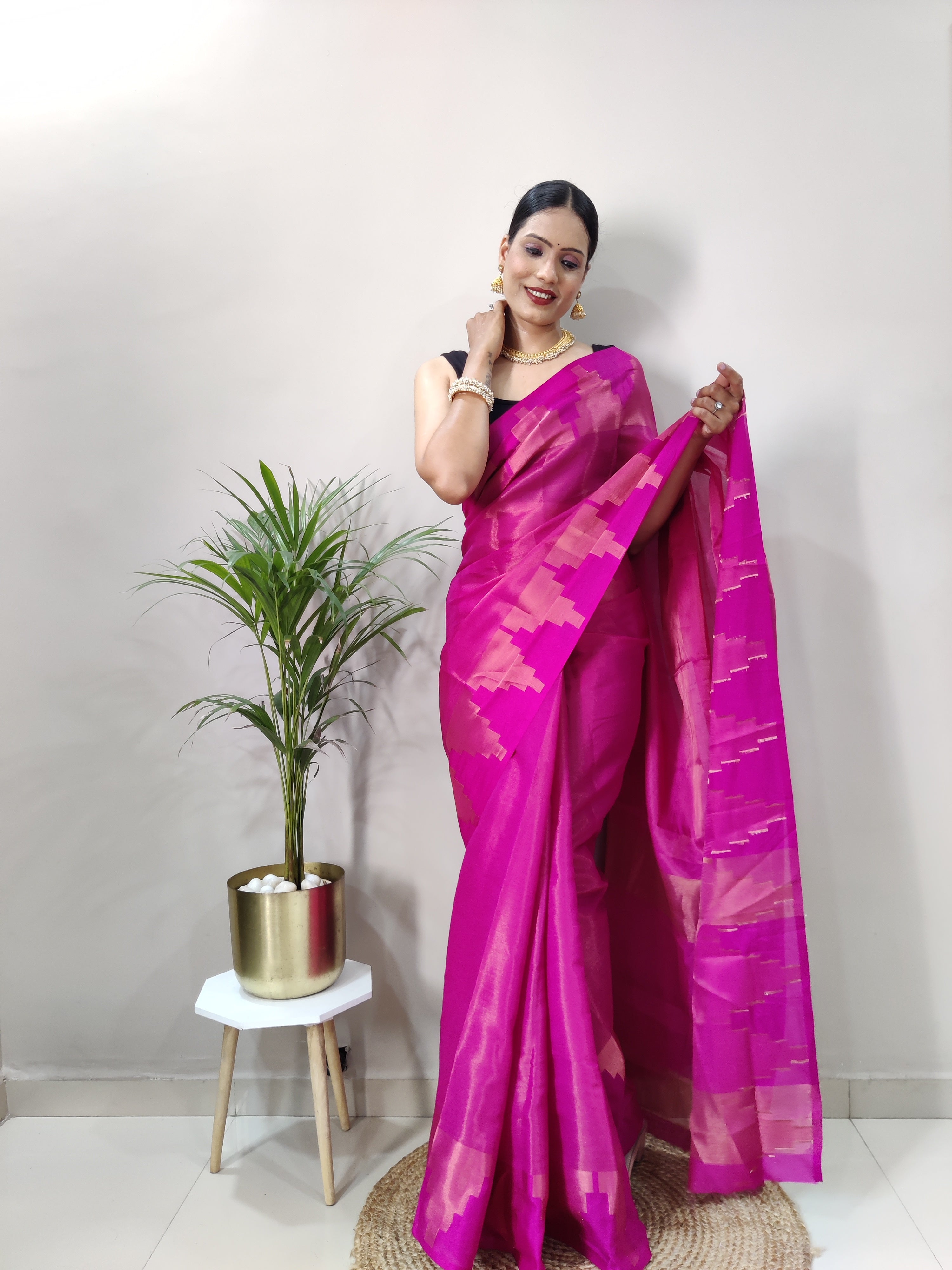 Pink Copper Design Temple Pure Silk Saree