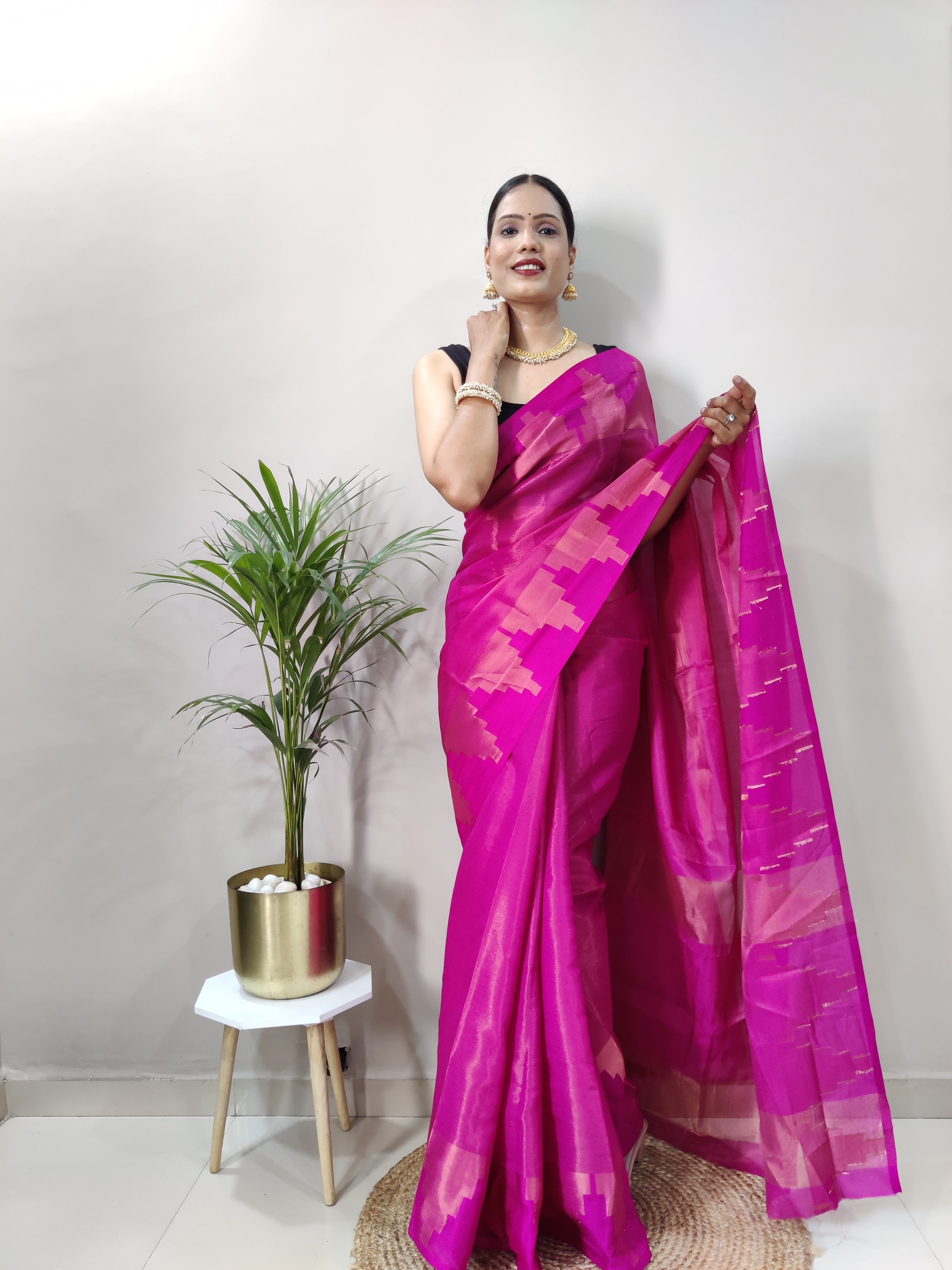 Pink Copper Design Temple Pure Silk Saree