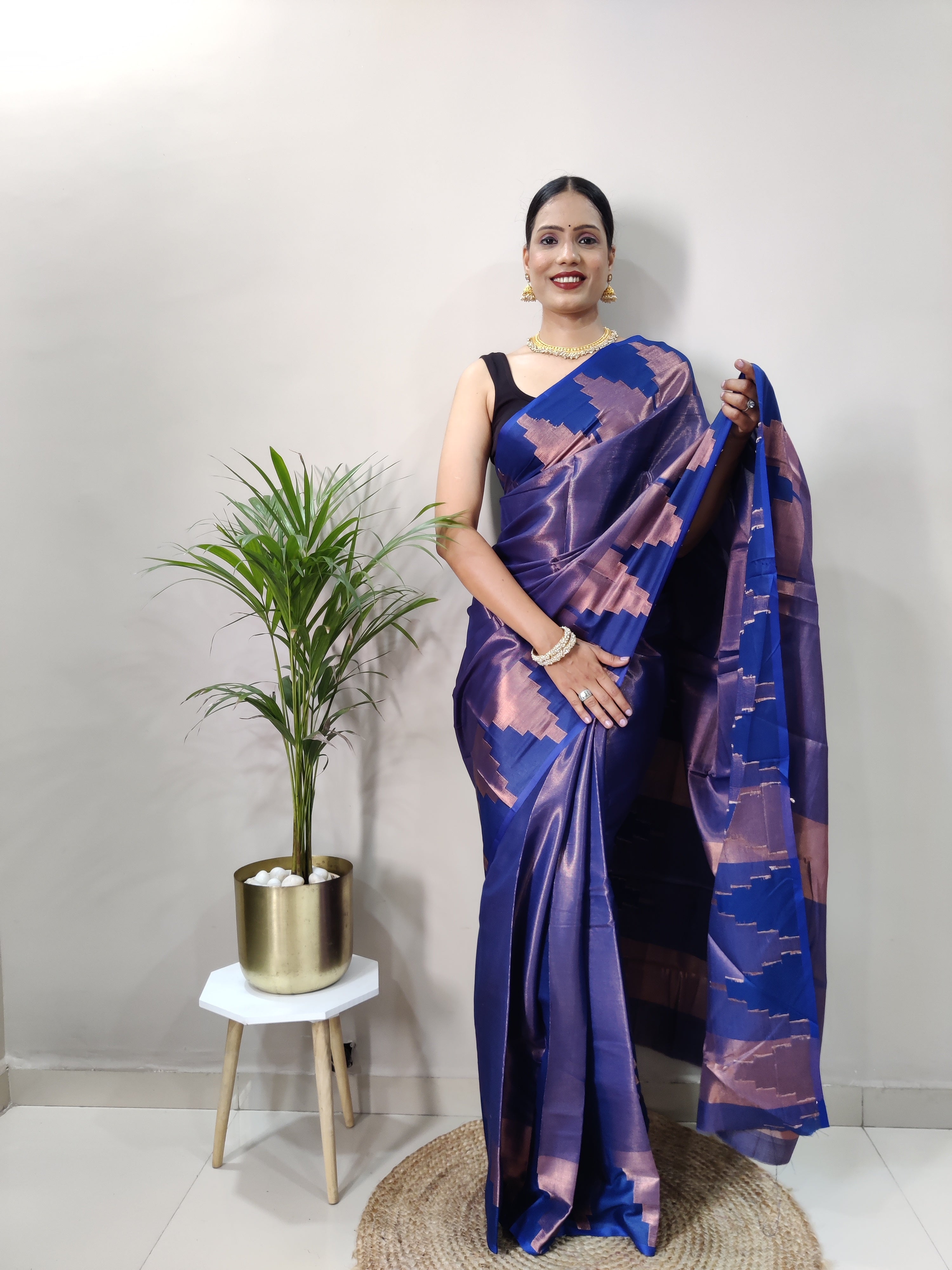 Navy Blue Copper Design Temple Pure Silk Saree