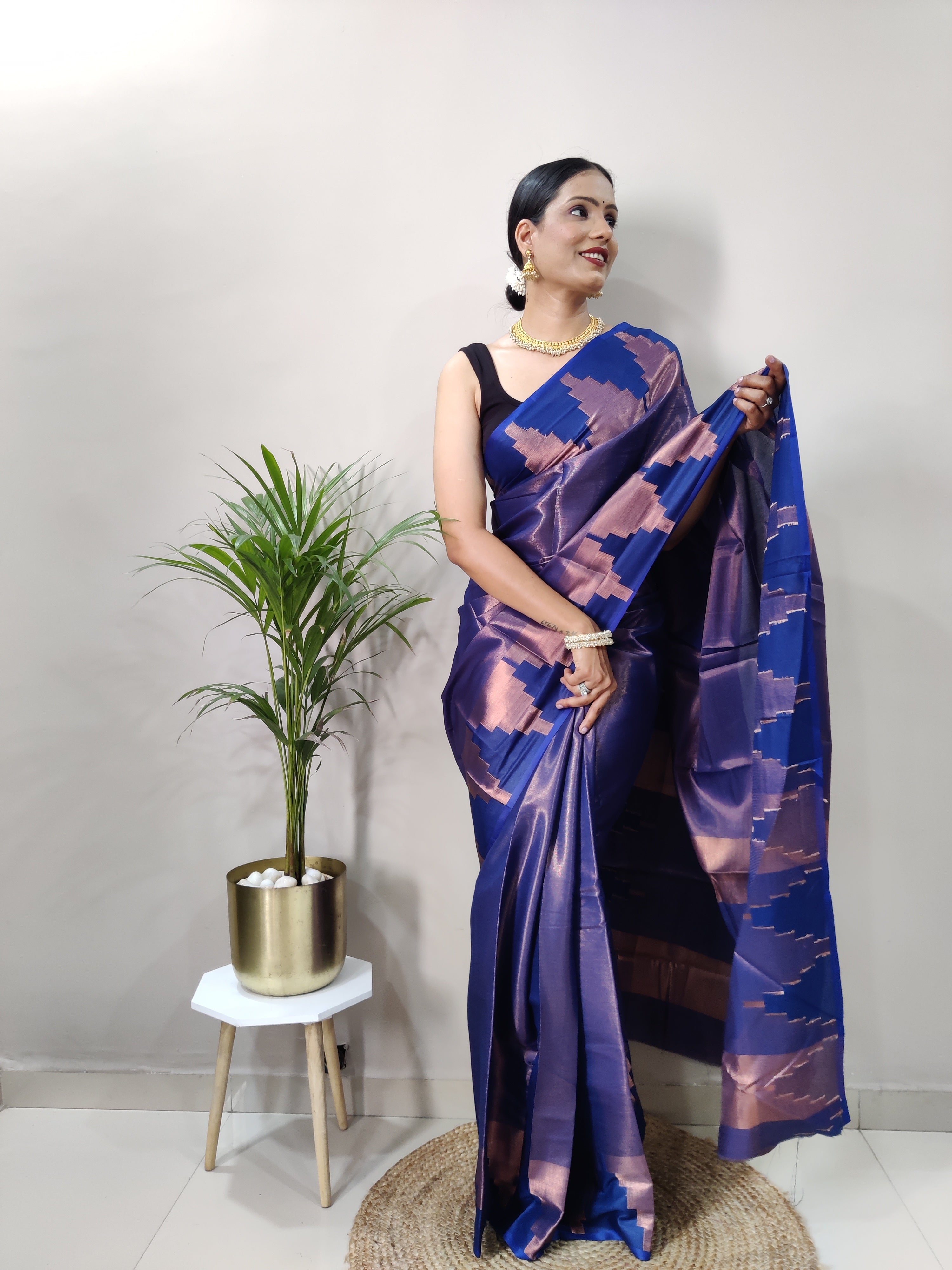 Navy Blue Copper Design Temple Pure Silk Saree