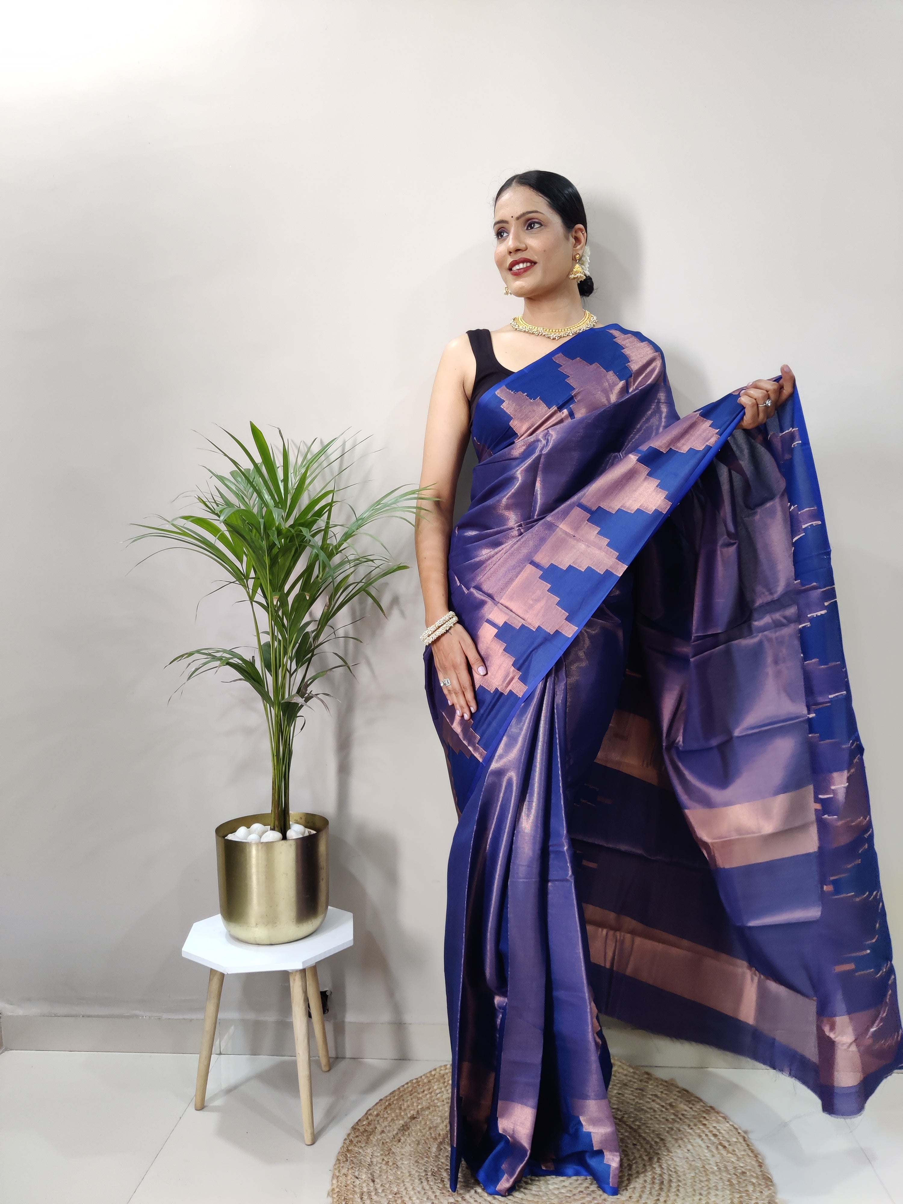 Navy Blue Copper Design Temple Pure Silk Saree