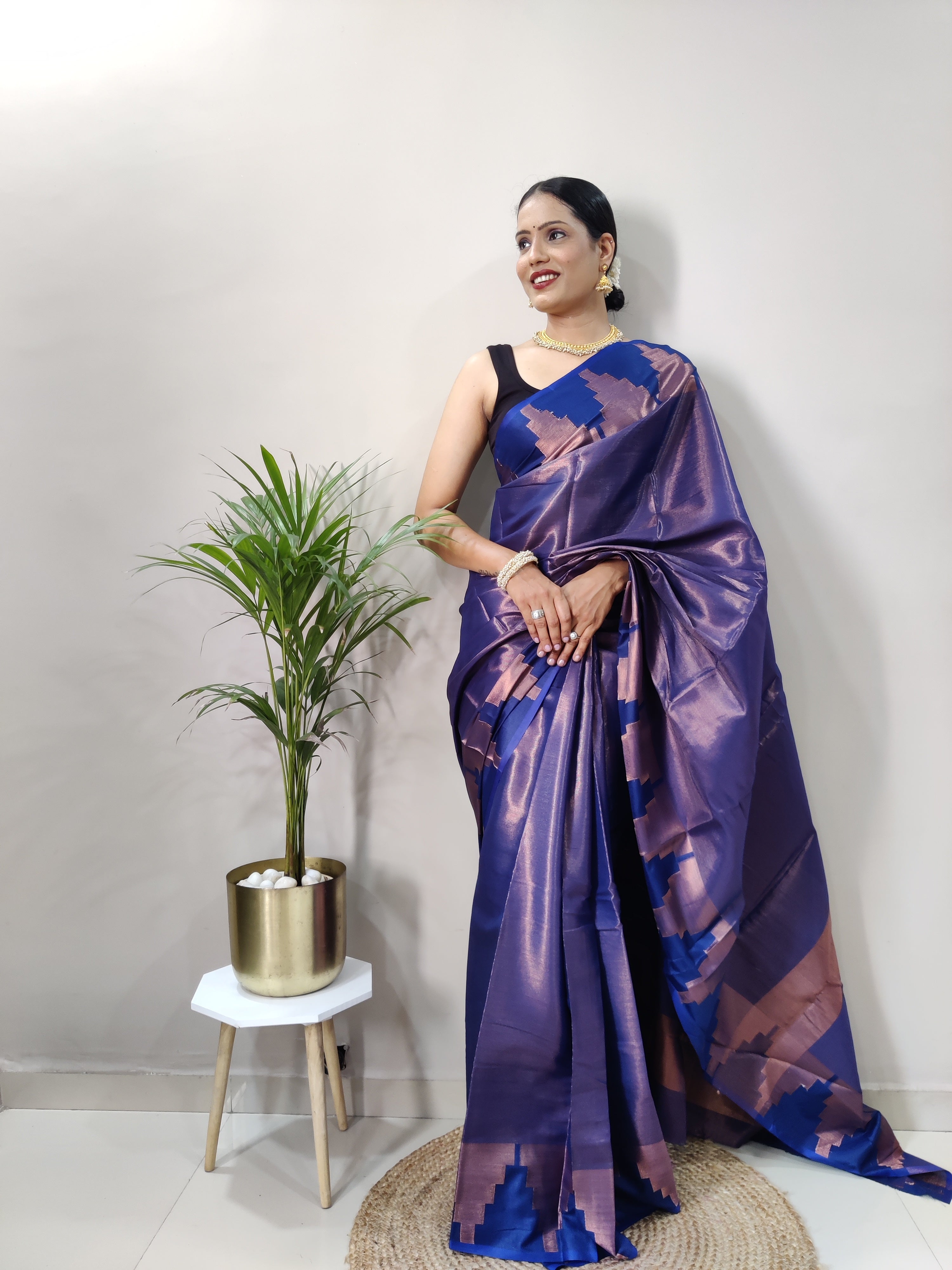 Navy Blue Copper Design Temple Pure Silk Saree