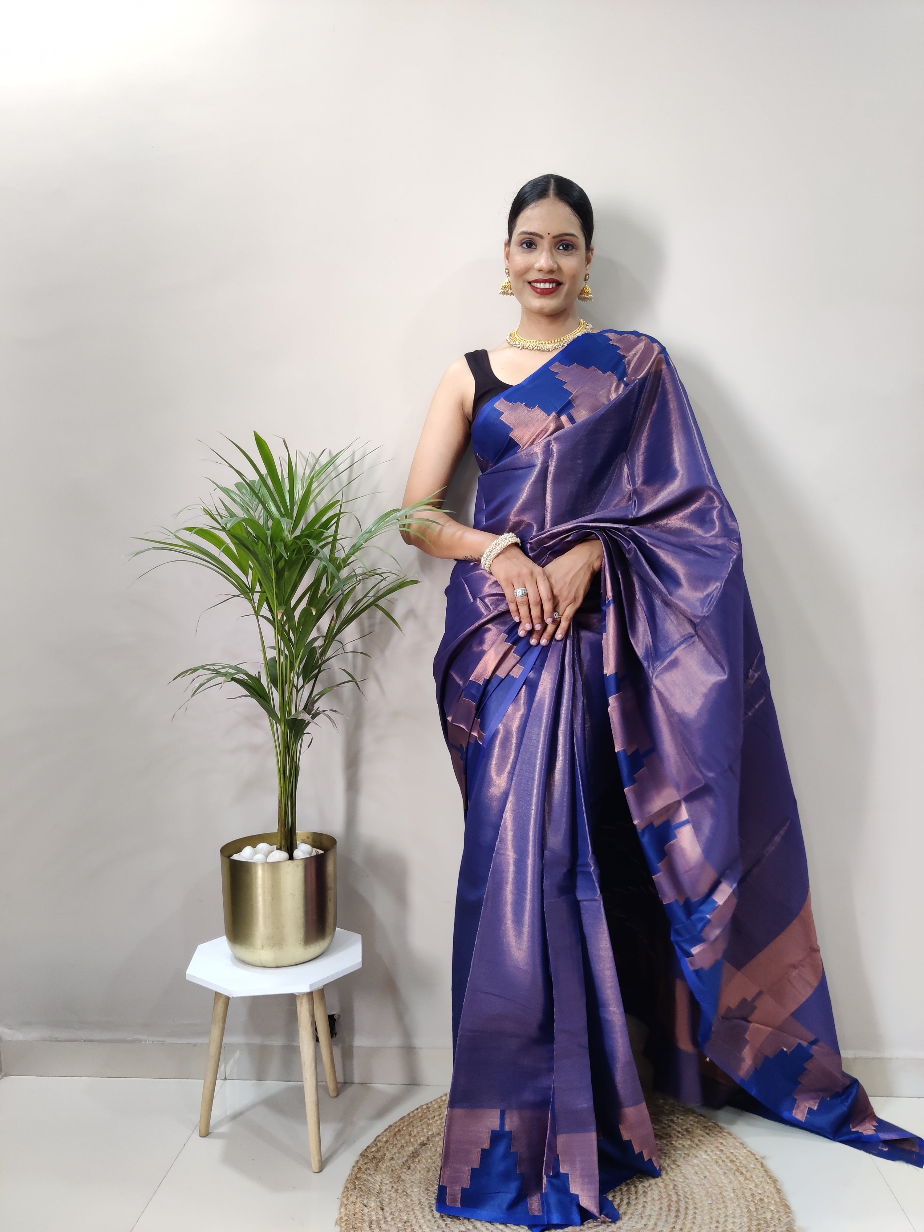 Navy Blue Copper Design Temple Pure Silk Saree