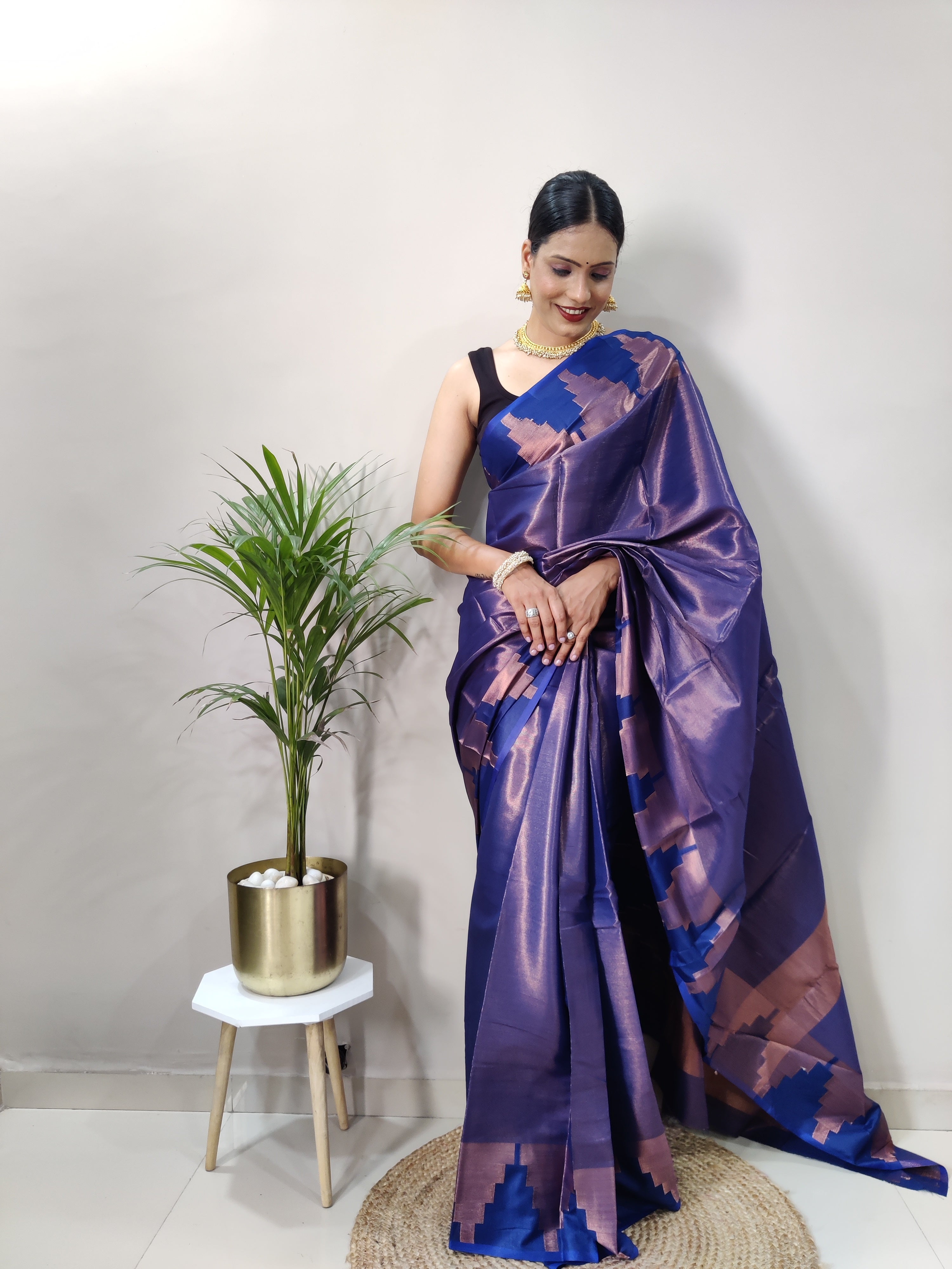 Navy Blue Copper Design Temple Pure Silk Saree