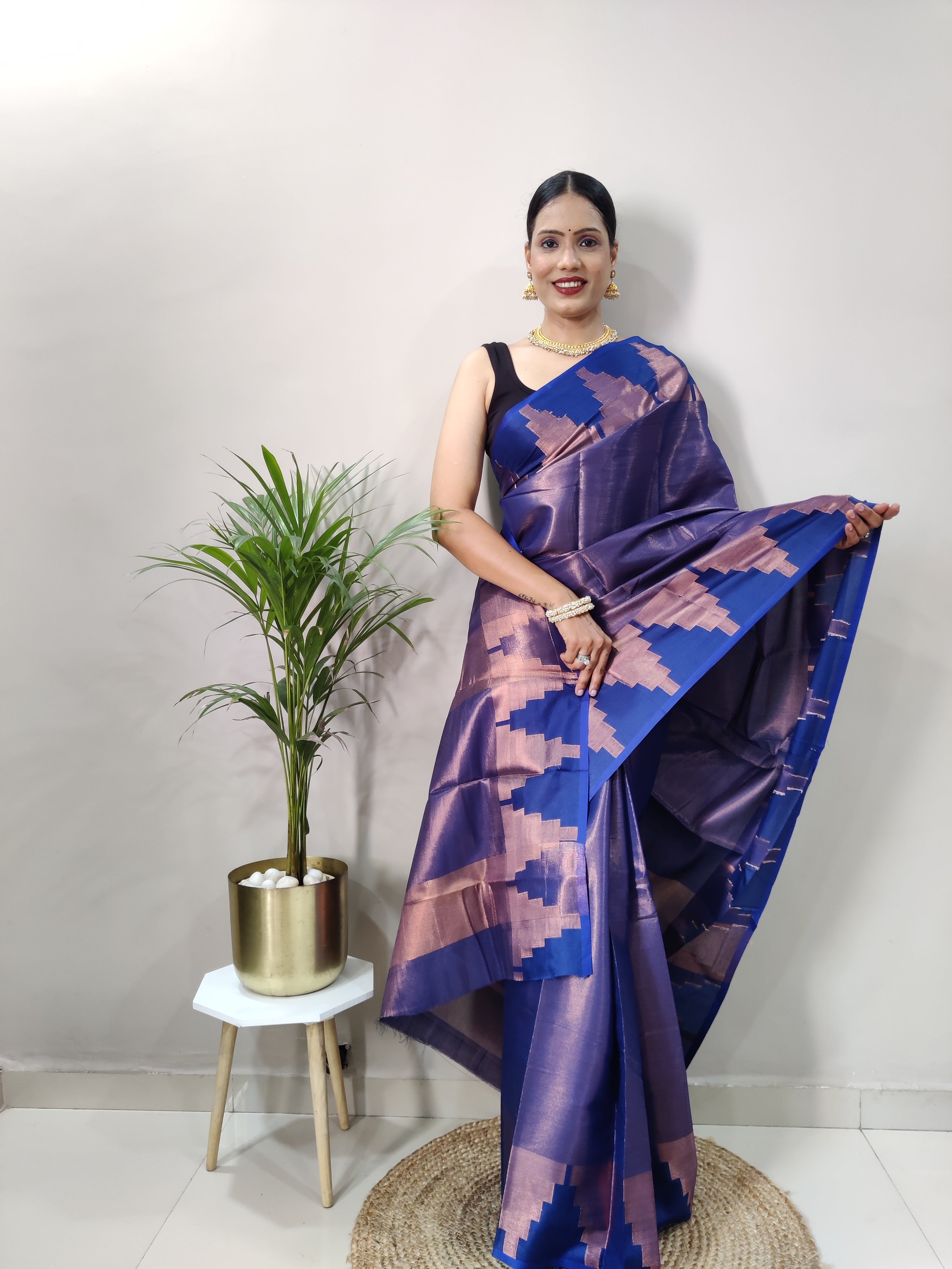 Navy Blue Copper Design Temple Pure Silk Saree