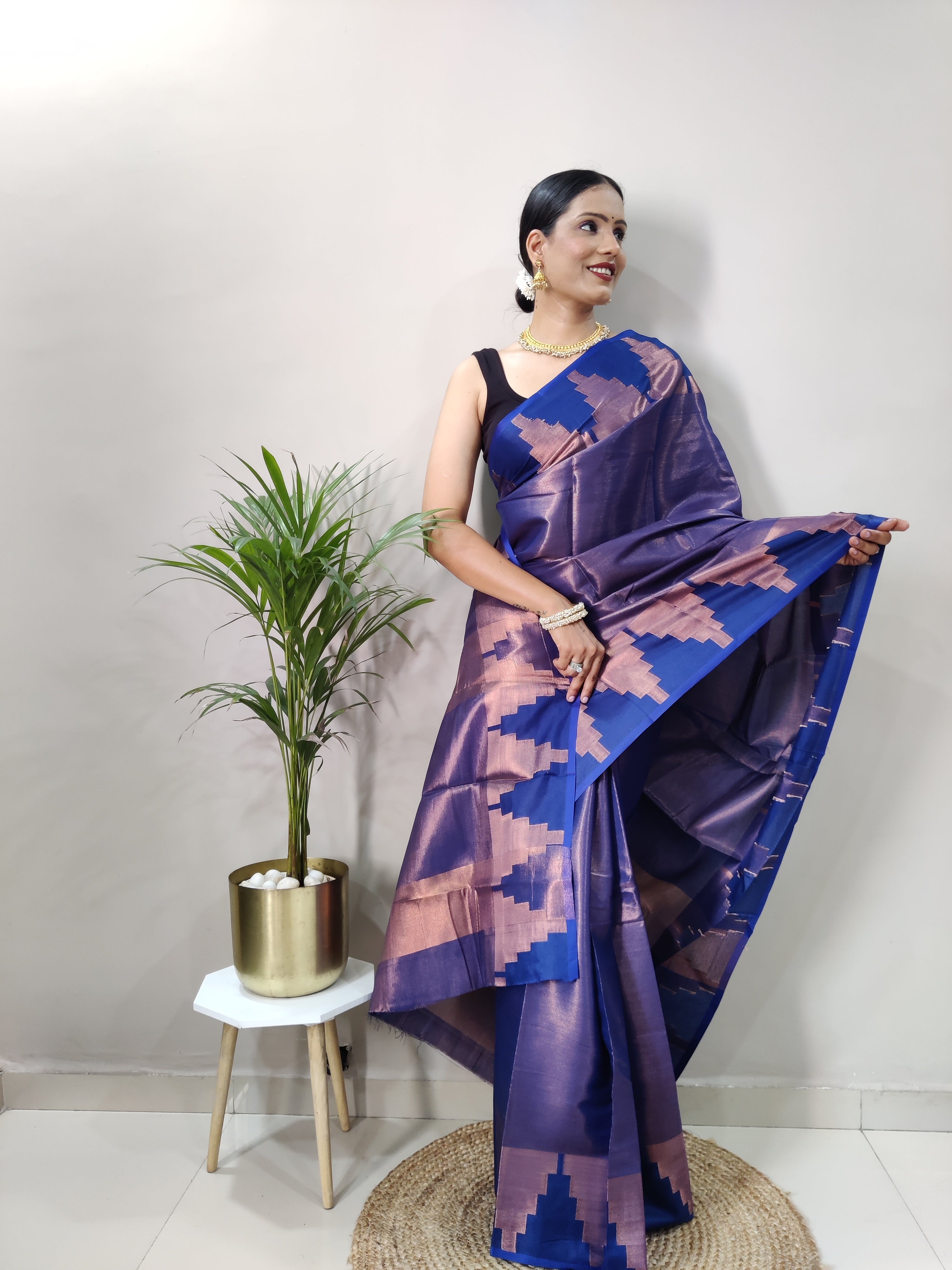 Navy Blue Copper Design Temple Pure Silk Saree