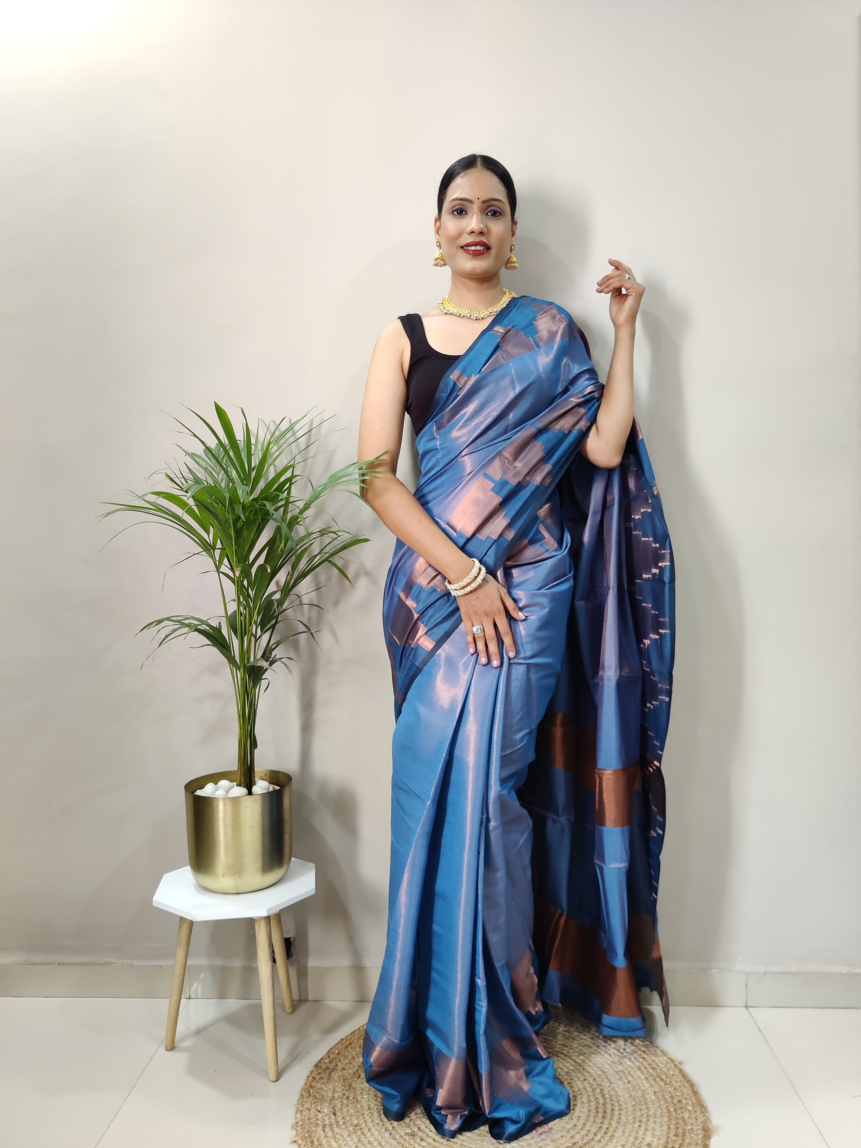 Sky Copper Design Temple Pure Silk Saree