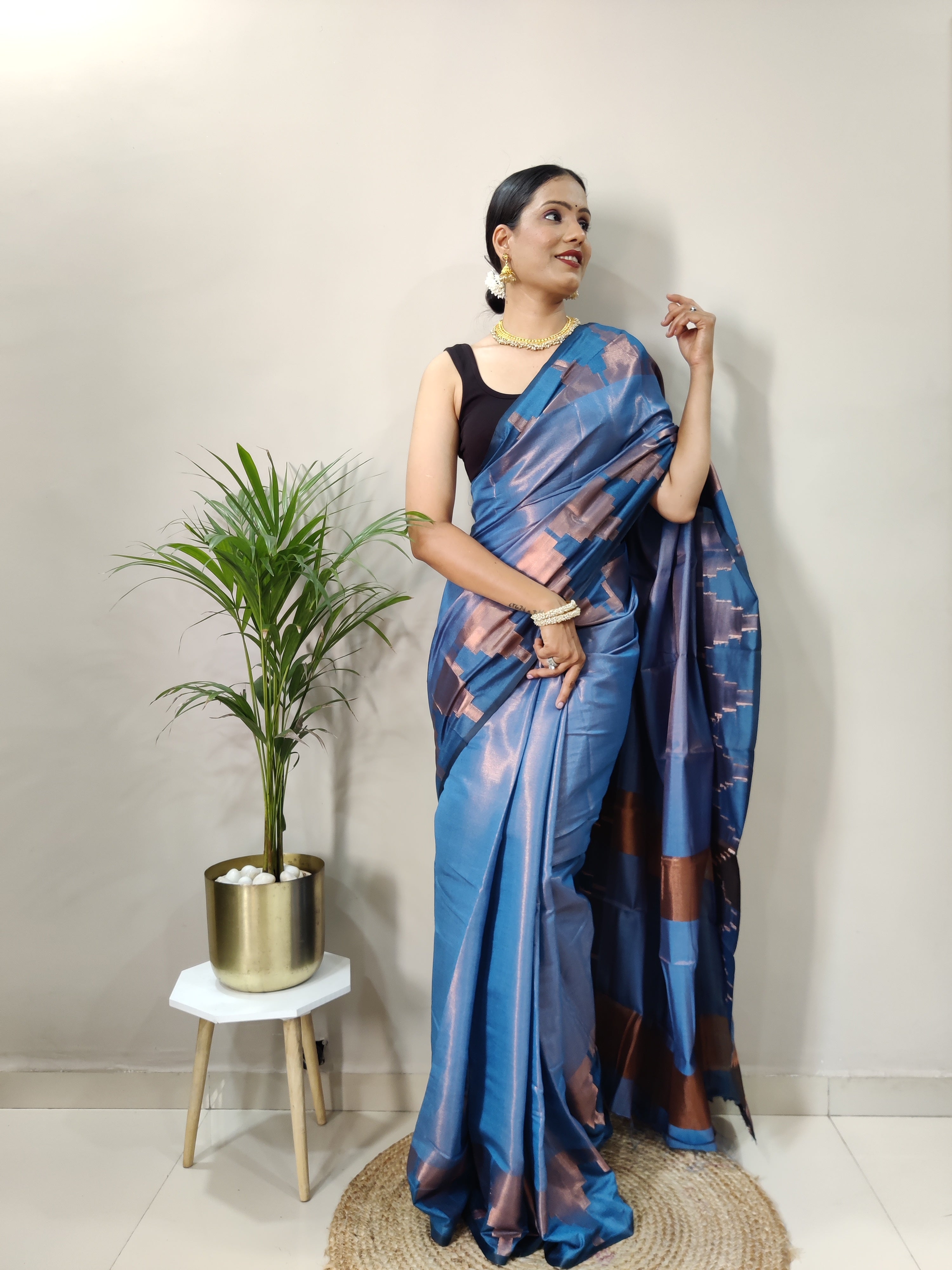 Sky Copper Design Temple Pure Silk Saree