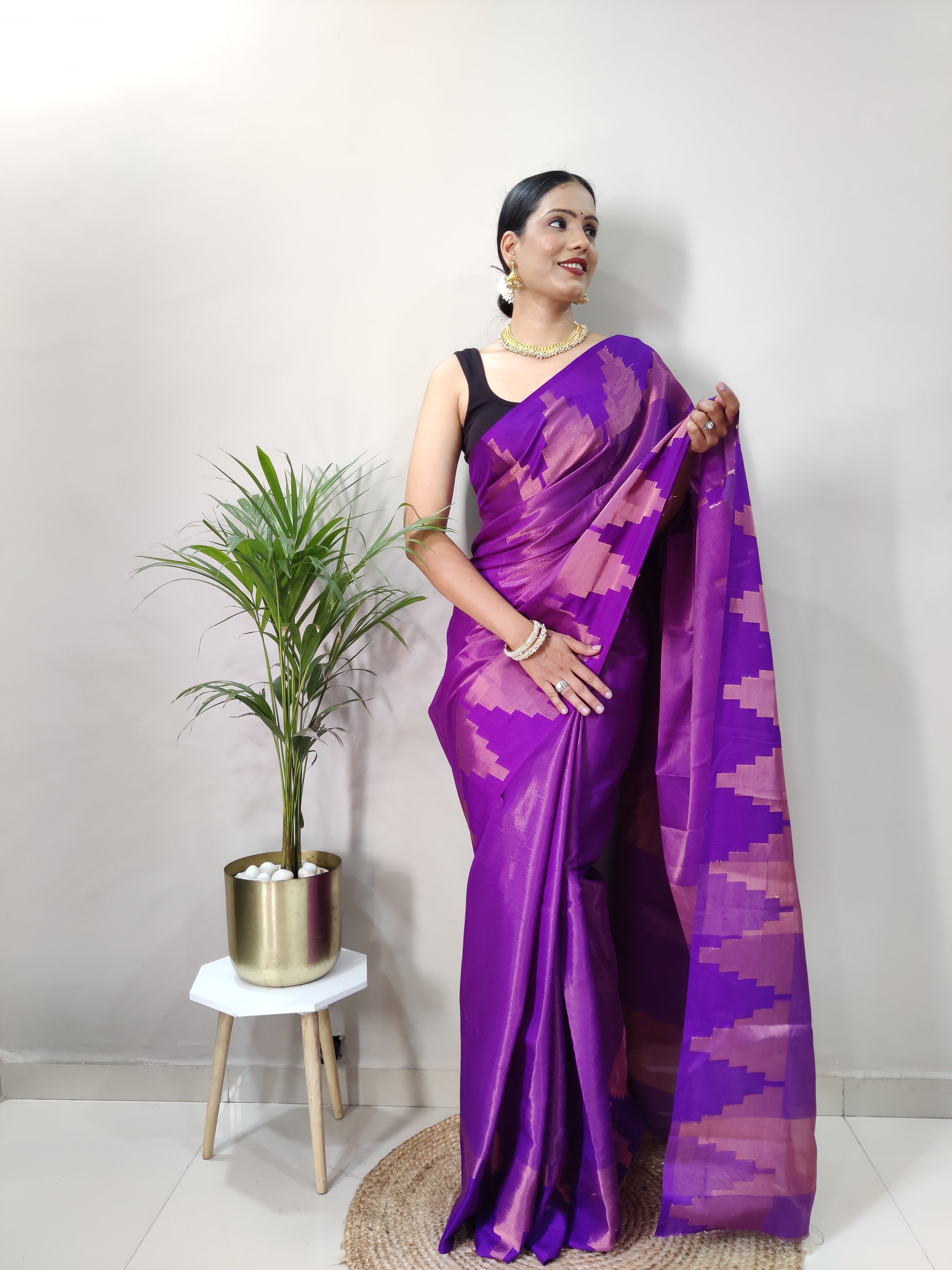 Purple Copper Design Temple Pure Silk Saree