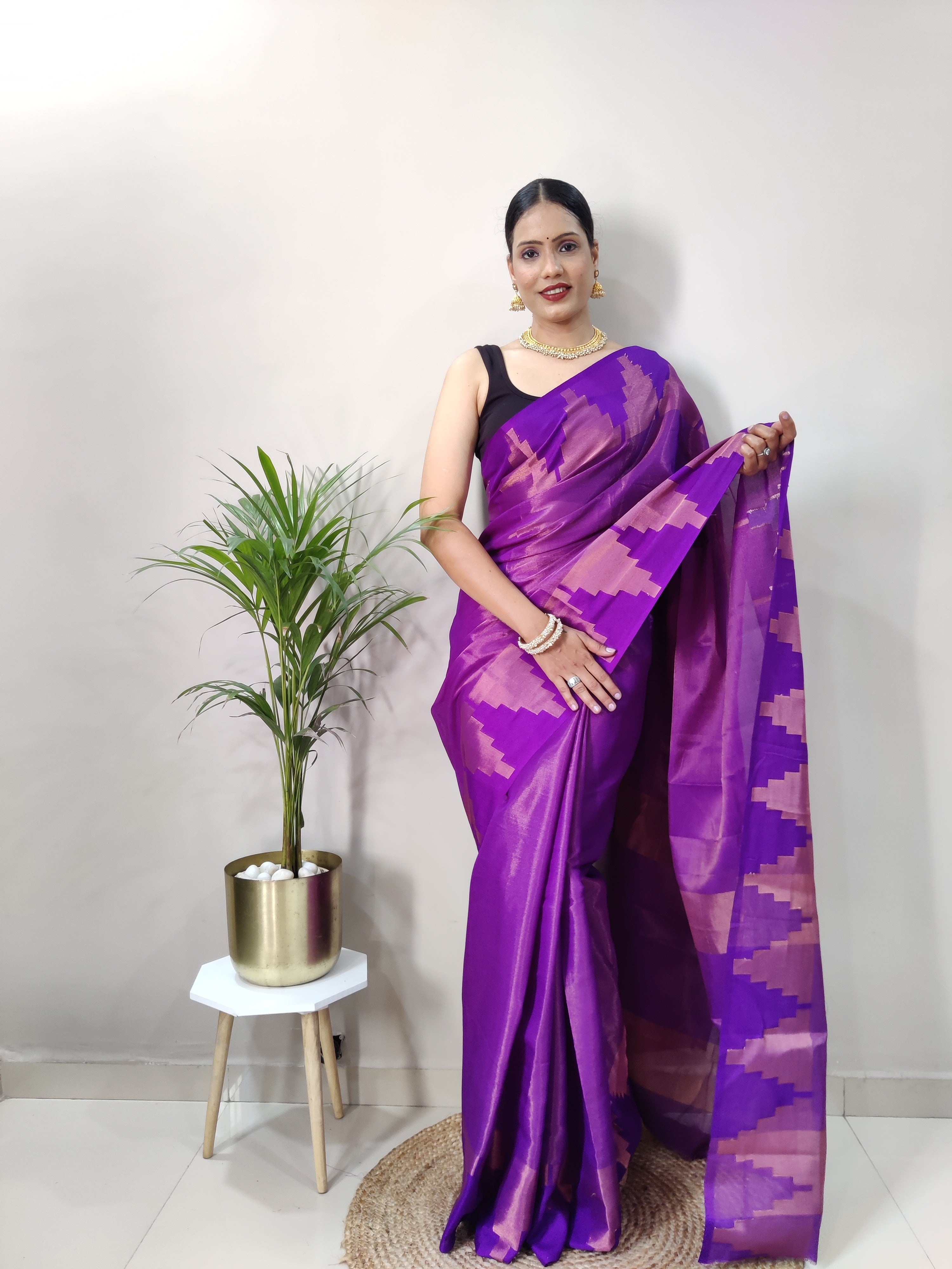 Purple Copper Design Temple Pure Silk Saree