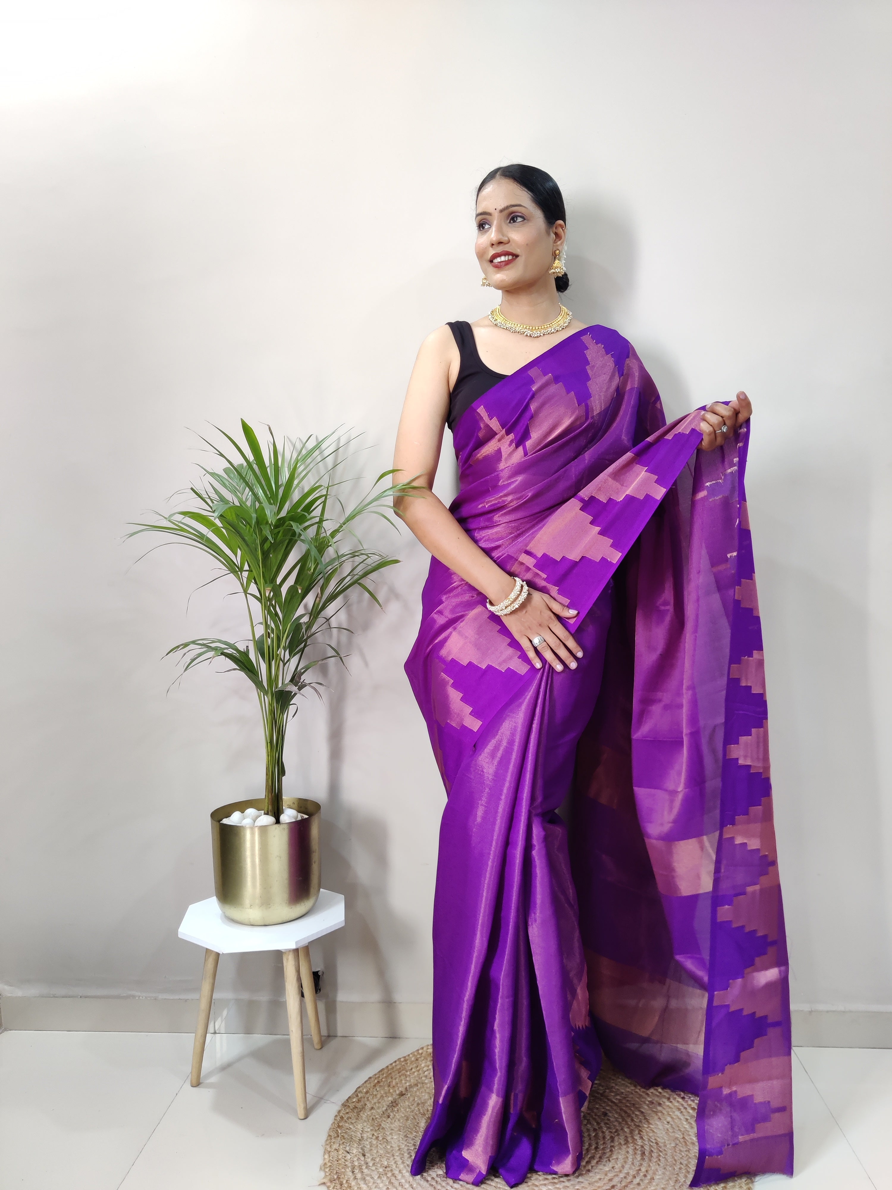 Purple Copper Design Temple Pure Silk Saree