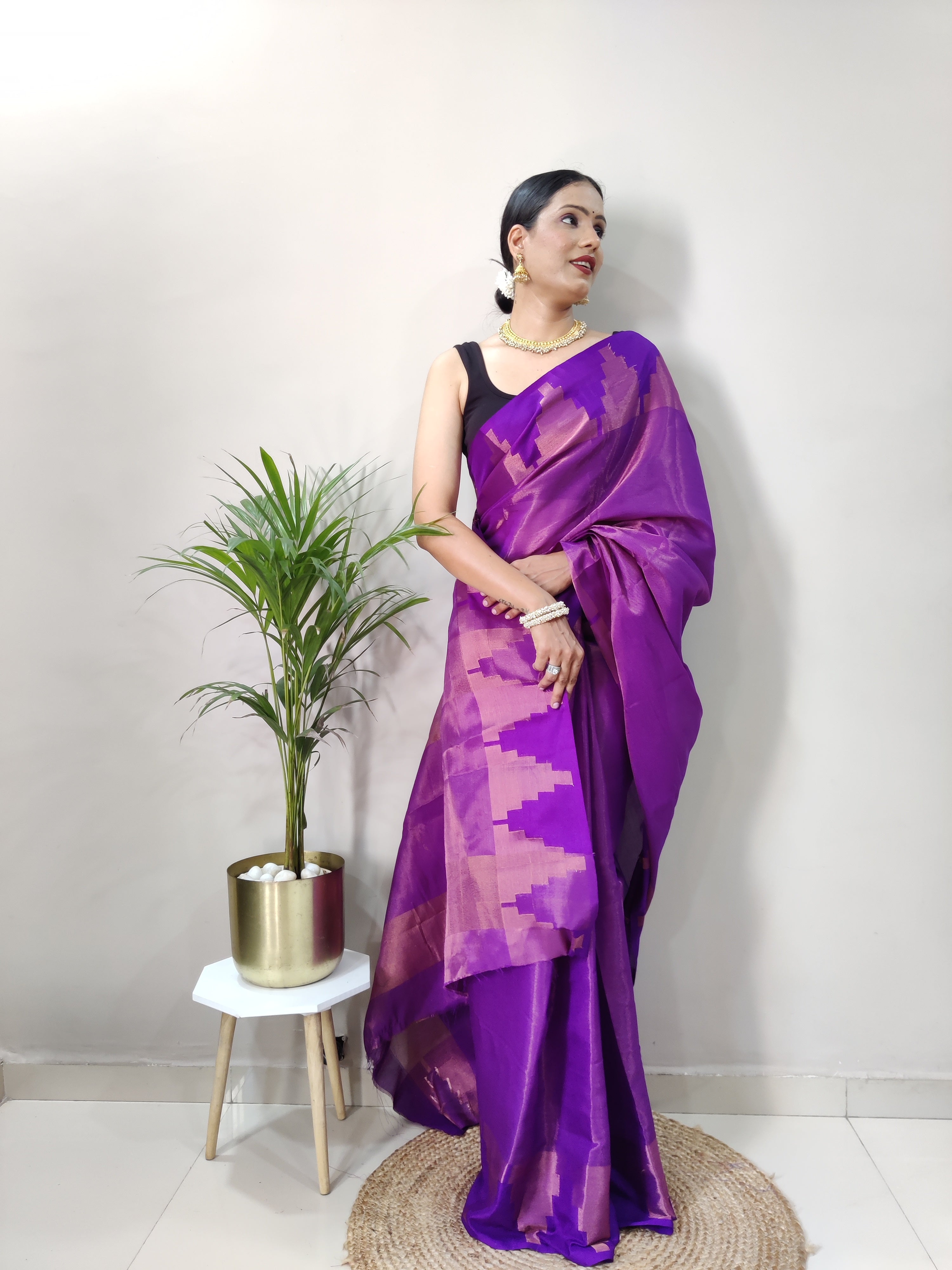 Purple Copper Design Temple Pure Silk Saree