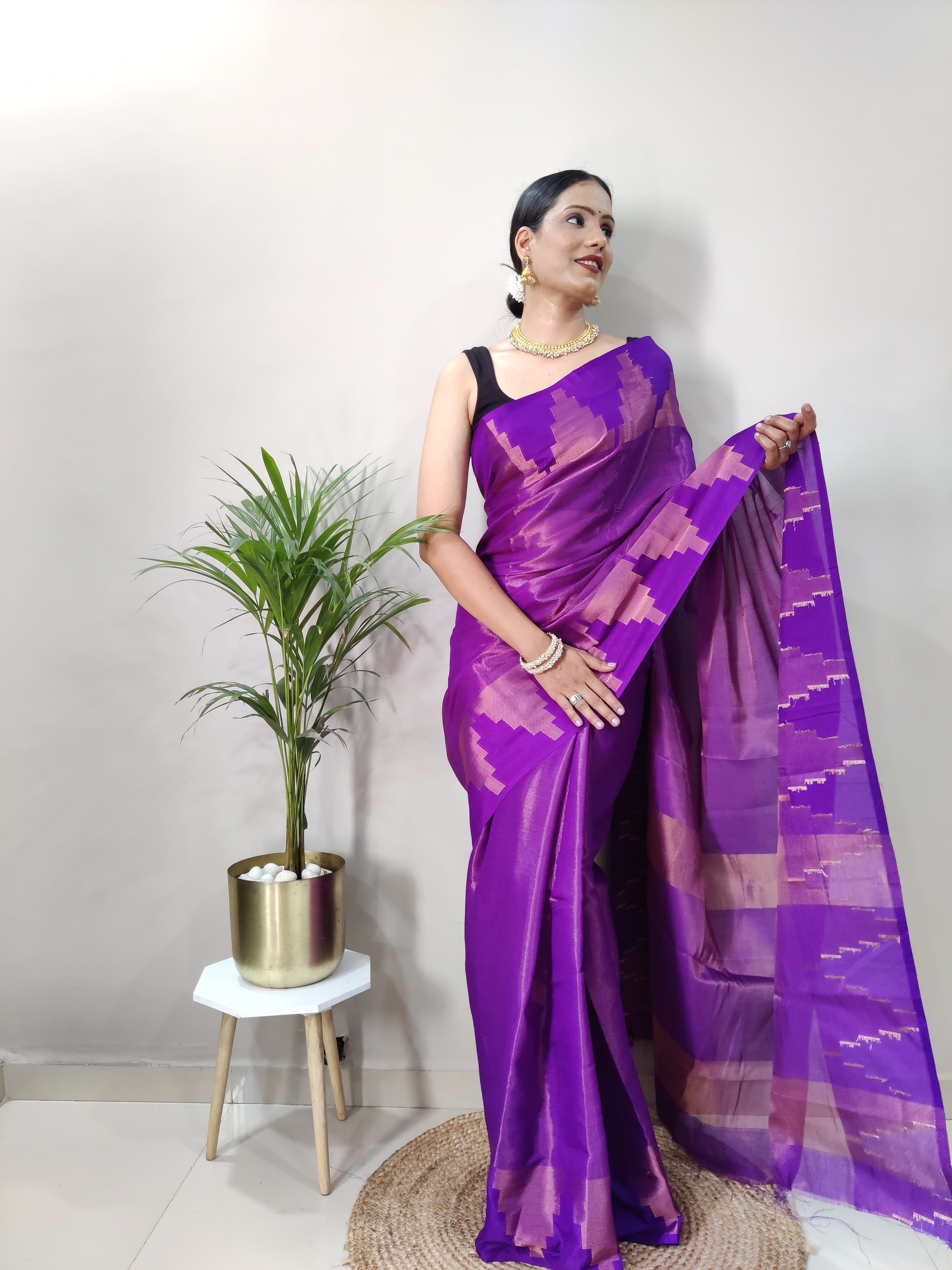 Purple Copper Design Temple Pure Silk Saree