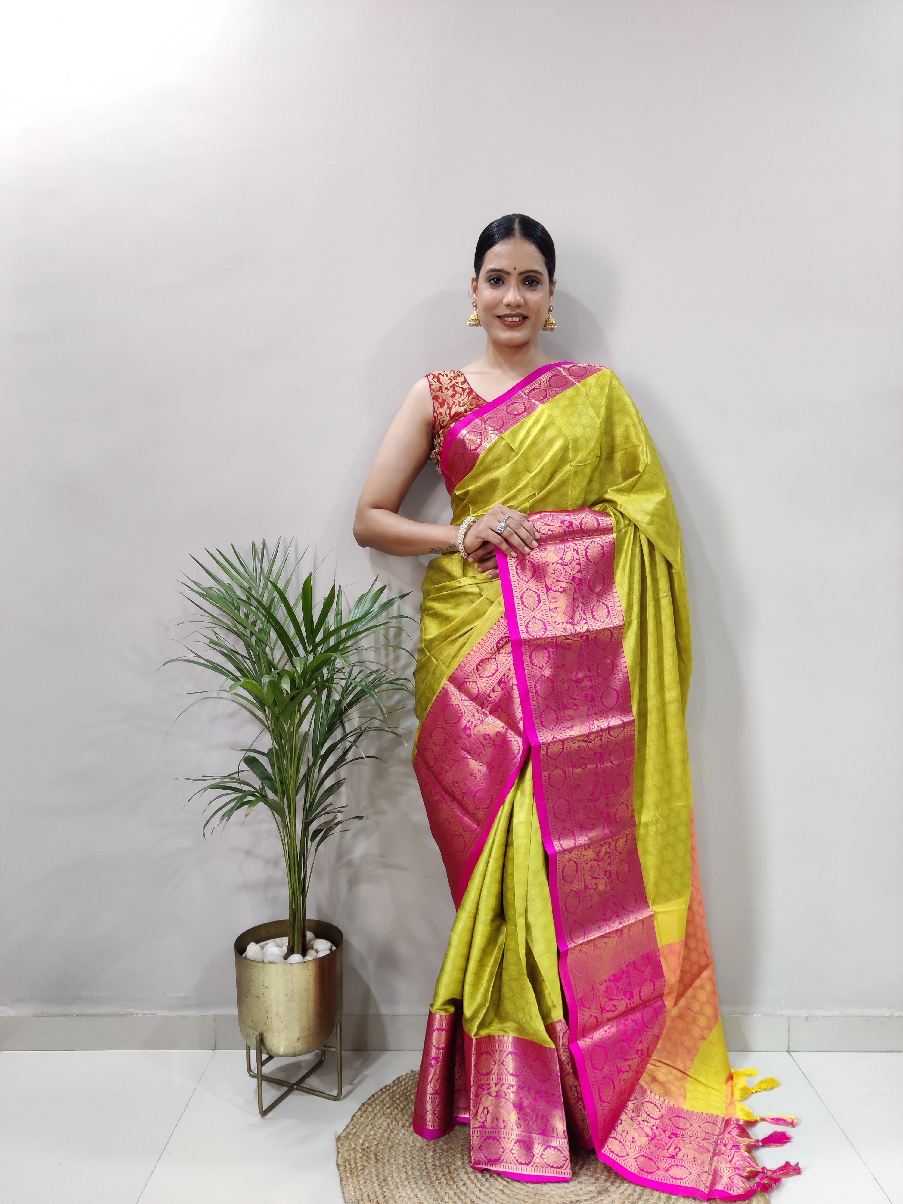 Lemon Yellow Pink Silver Copper Design Gajanan Pure Silk Saree