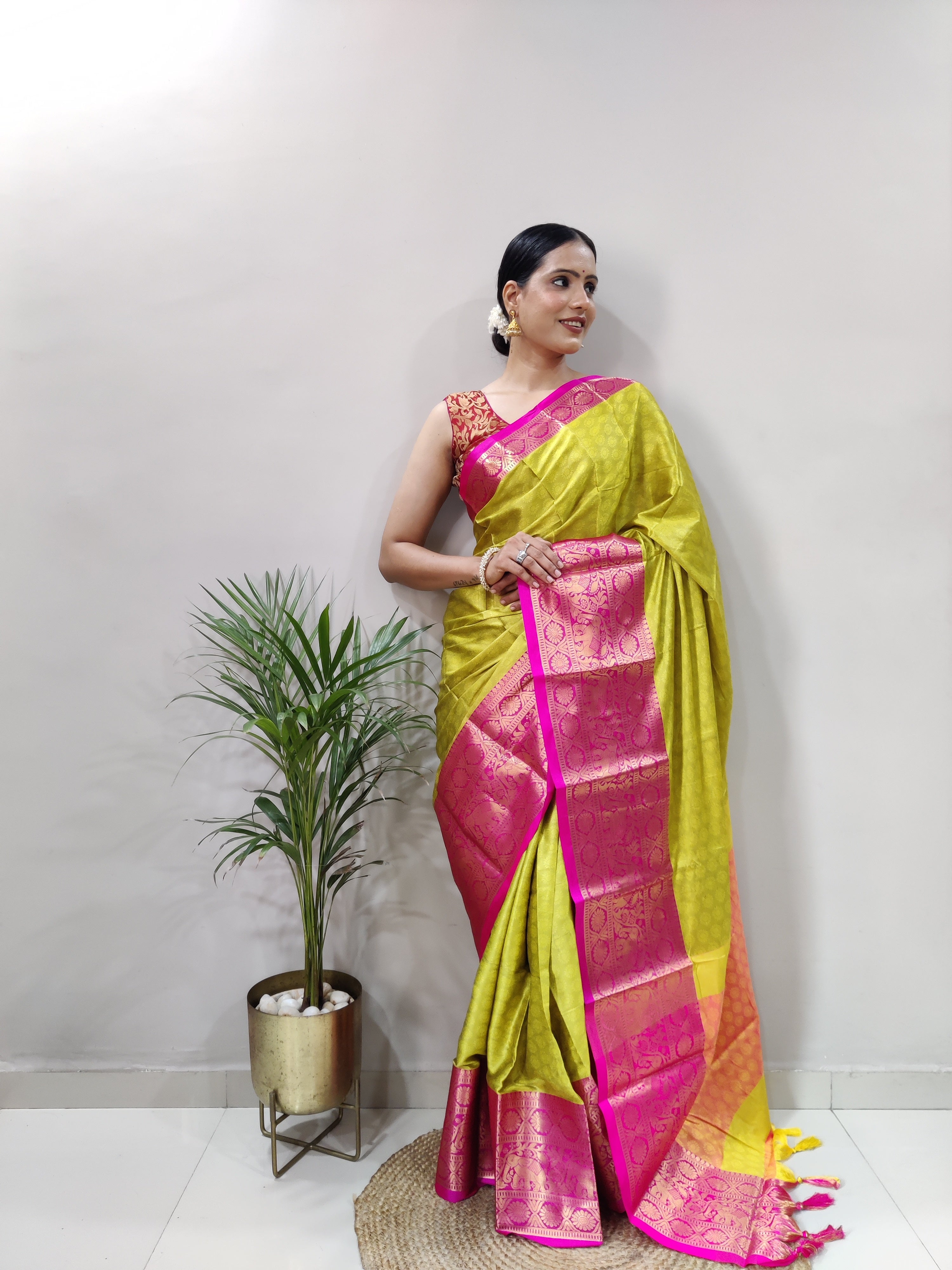 Lemon Yellow Pink Silver Copper Design Gajanan Pure Silk Saree