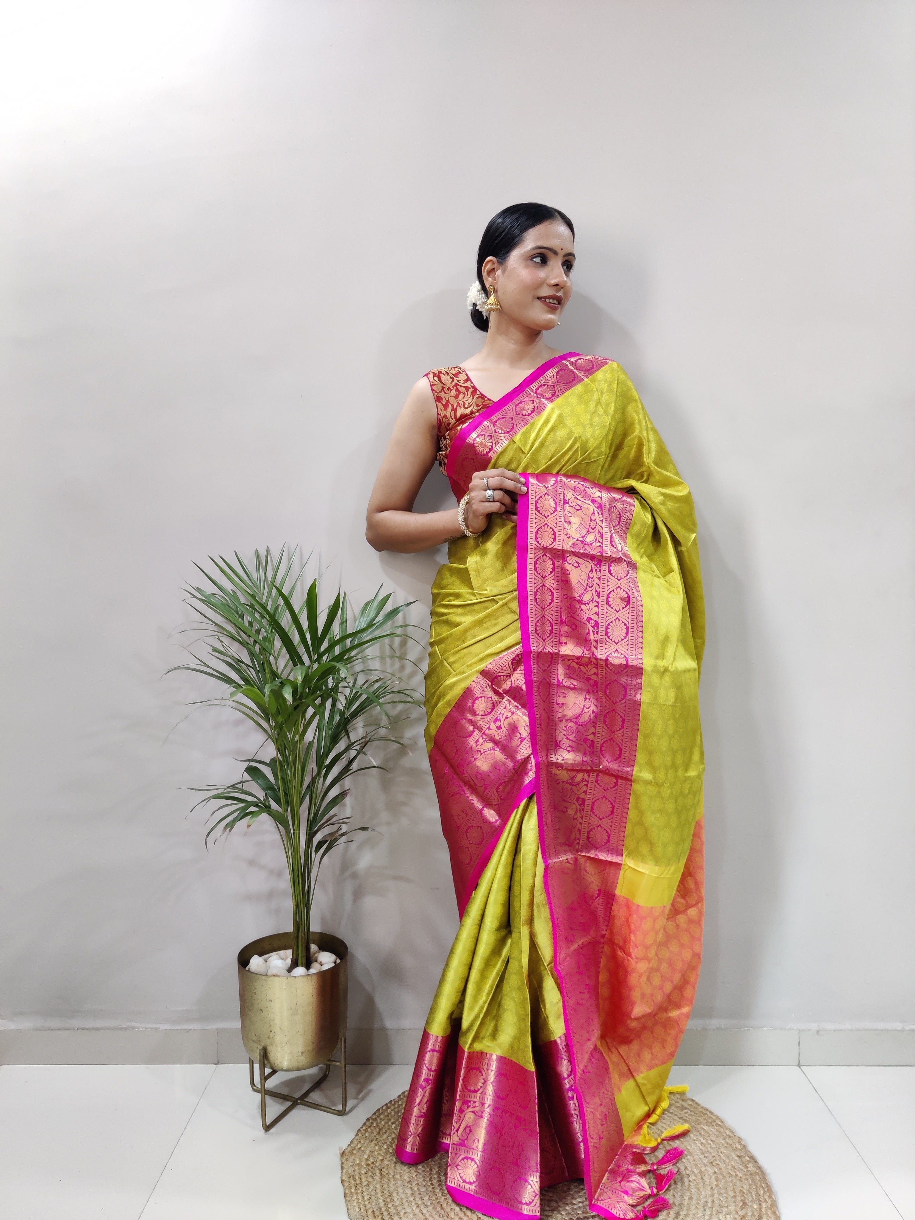 Lemon Yellow Pink Silver Copper Design Gajanan Pure Silk Saree