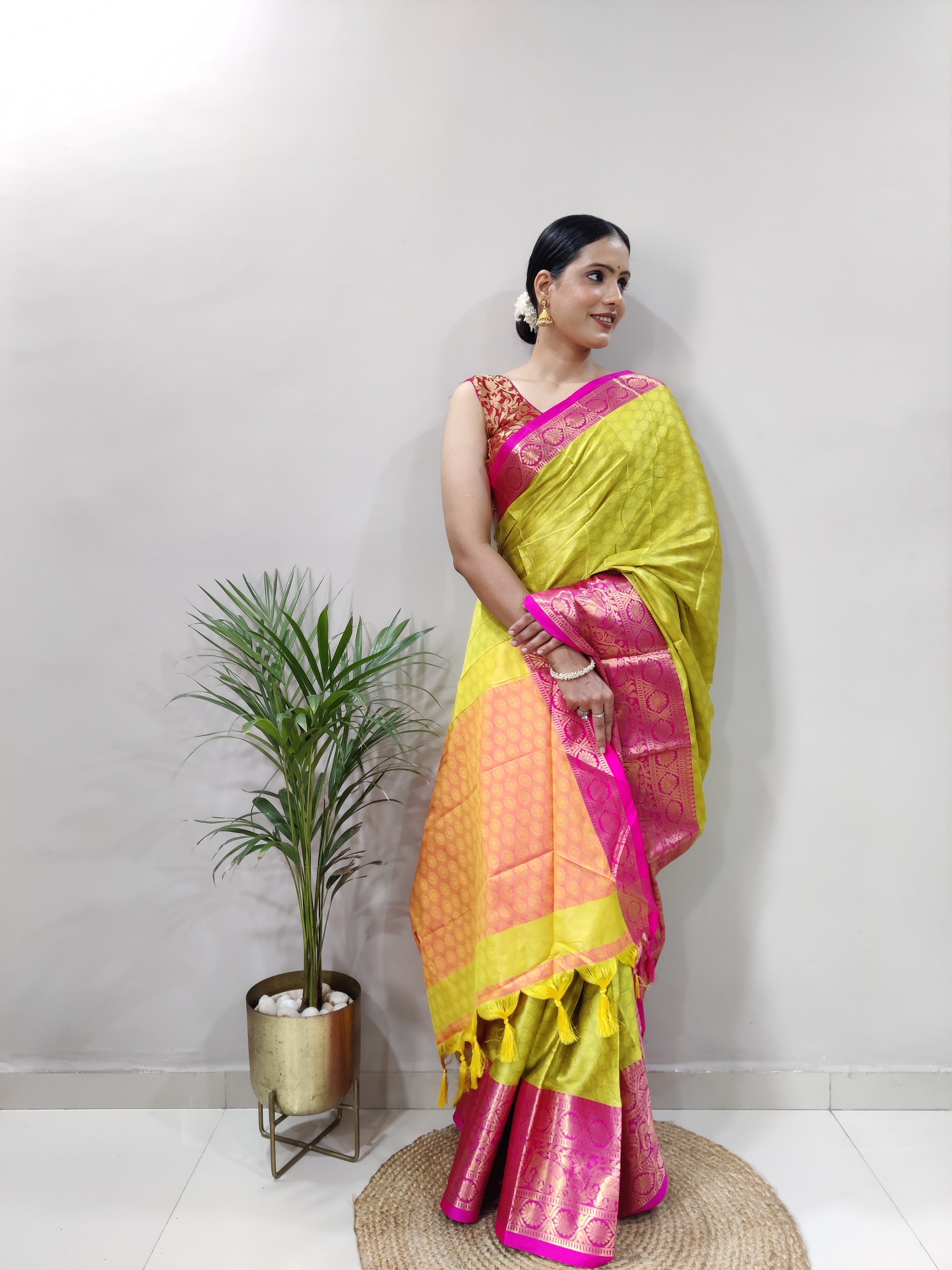 Lemon Yellow Pink Silver Copper Design Gajanan Pure Silk Saree