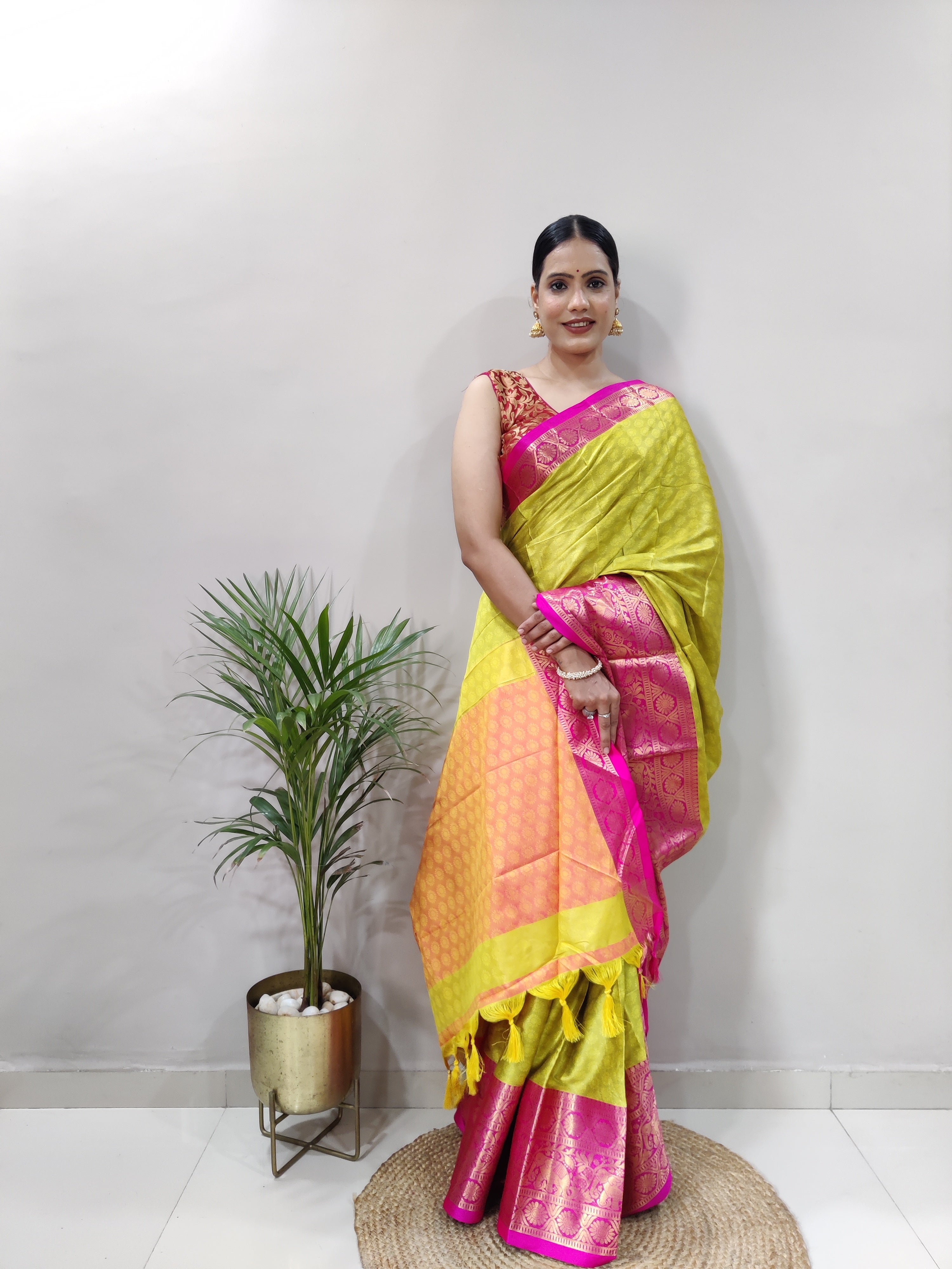 Lemon Yellow Pink Silver Copper Design Gajanan Pure Silk Saree