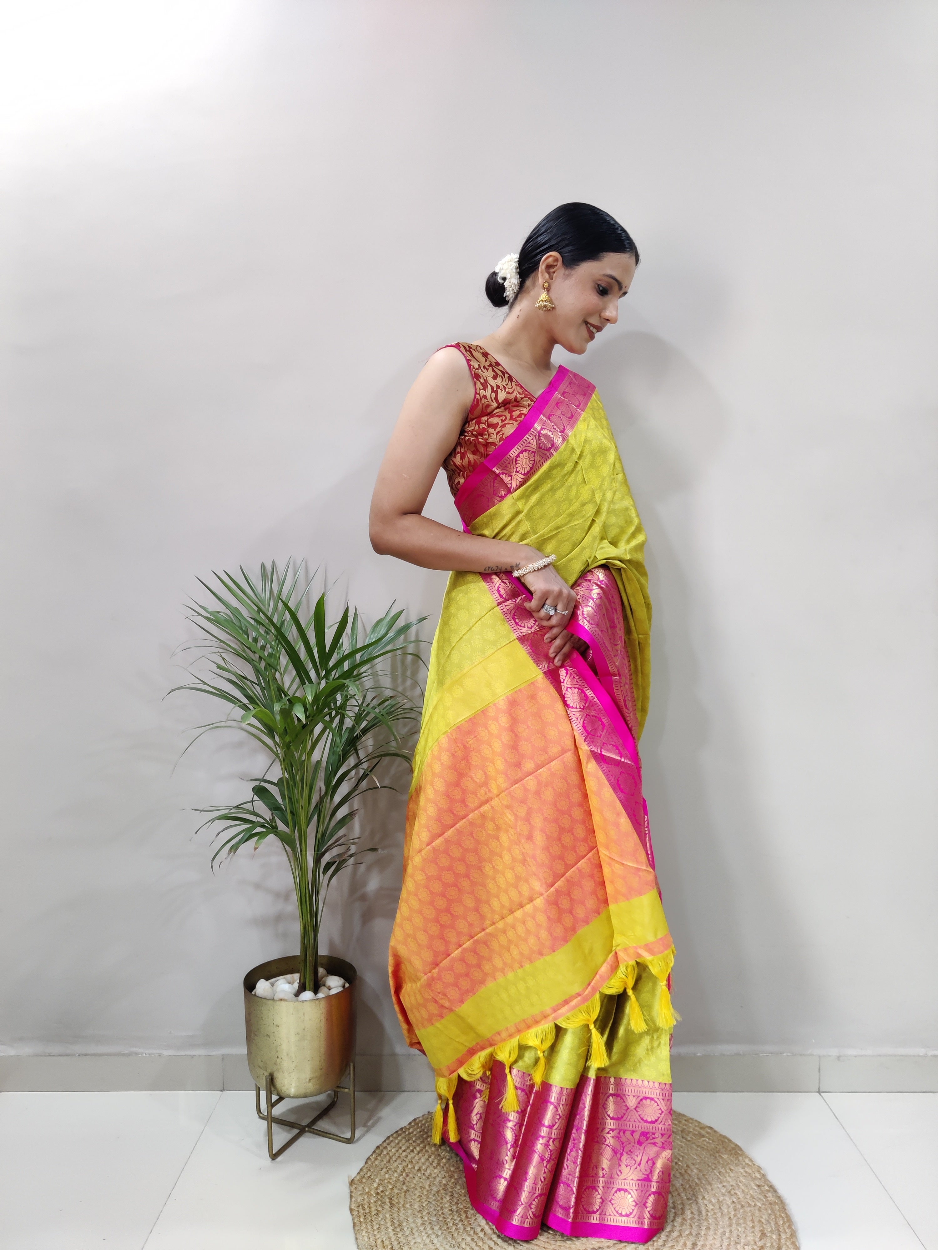 Lemon Yellow Pink Silver Copper Design Gajanan Pure Silk Saree