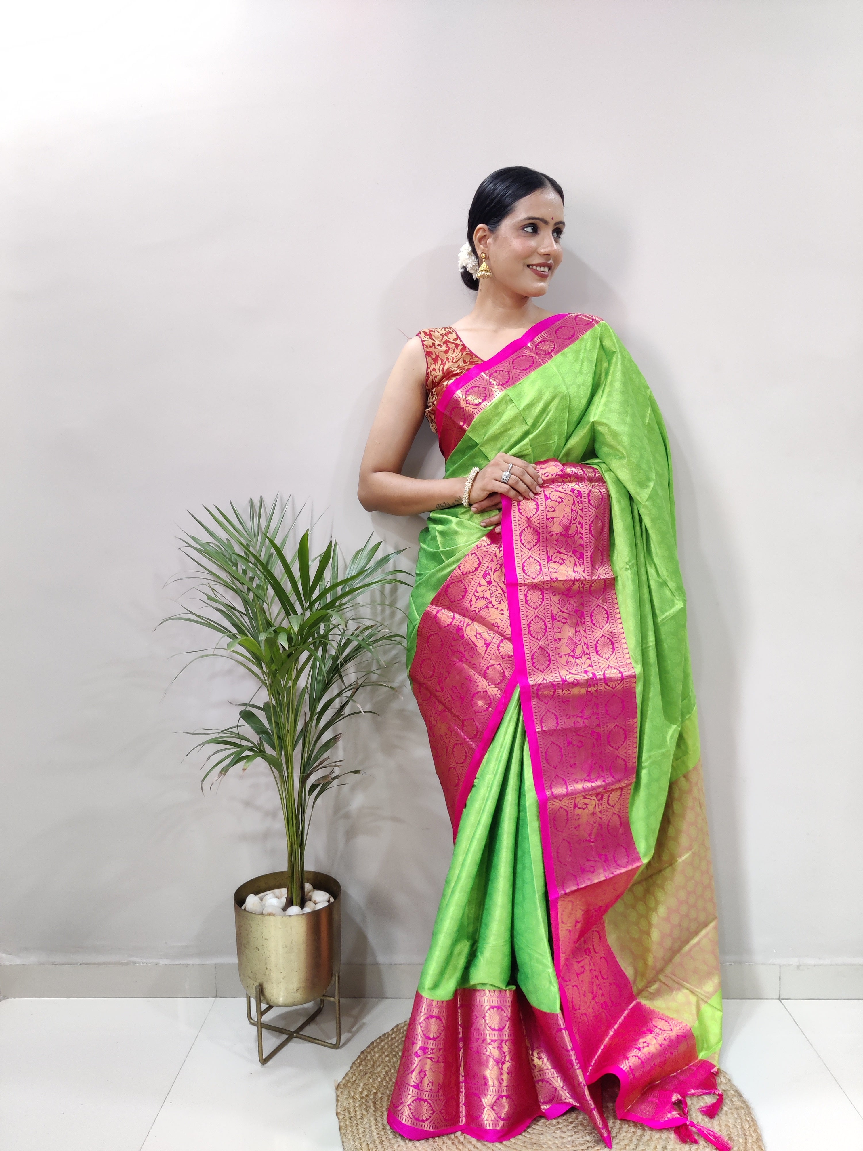 Perrot Pink Silver Copper Design Gajanan Pure Silk Saree