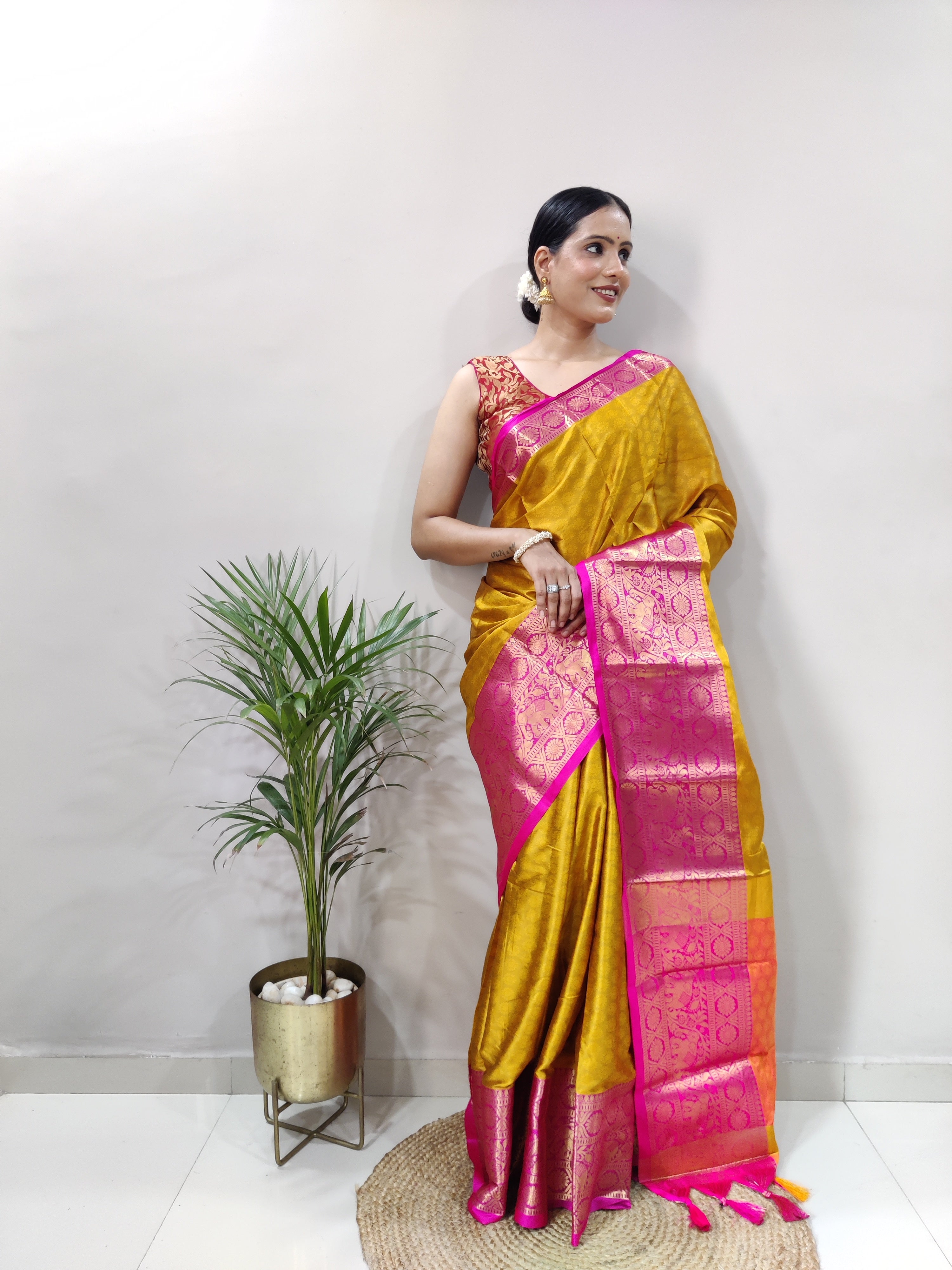 Lemon Pink Silver Copper Design Gajanan Pure Silk Saree