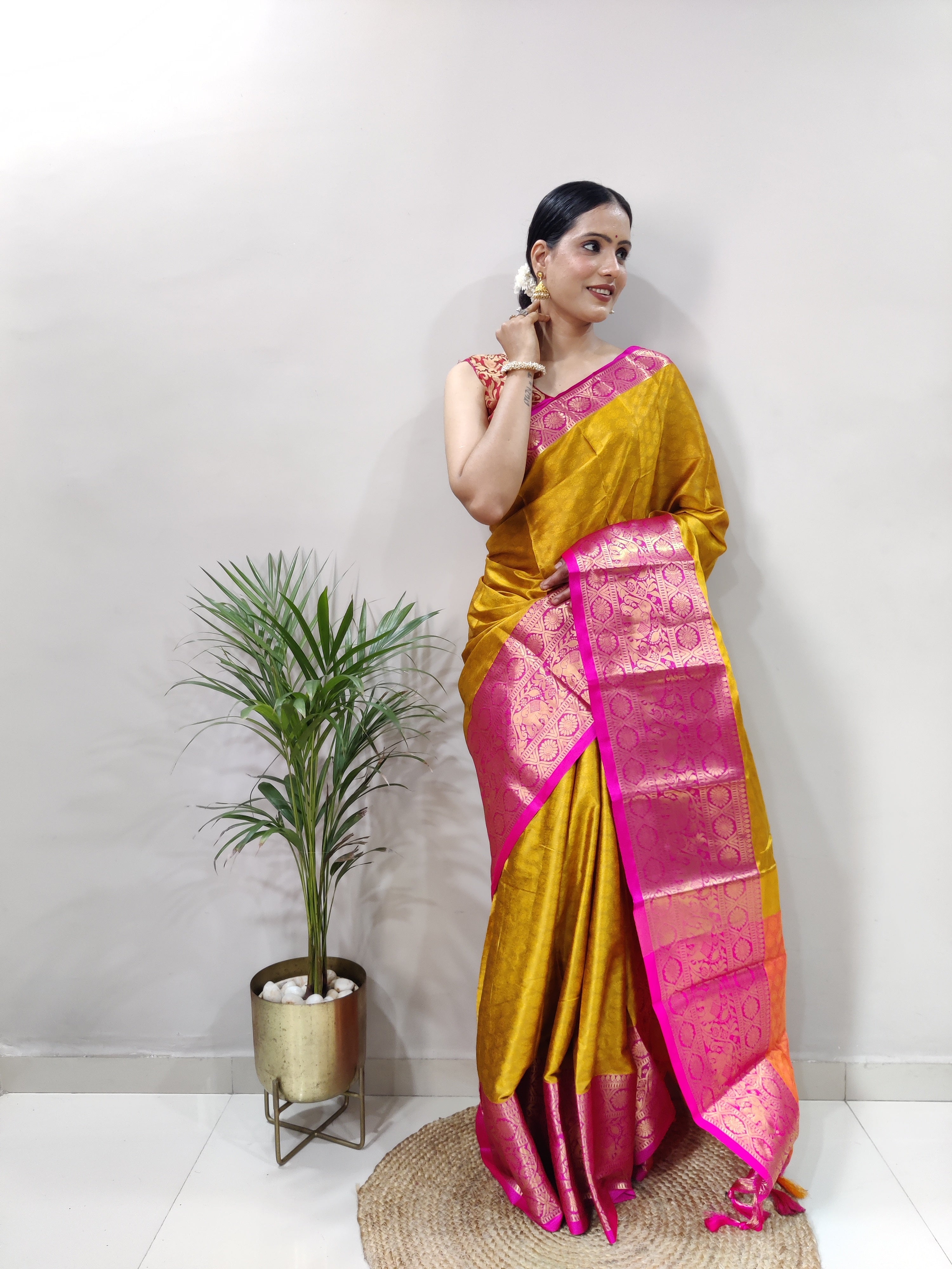 Lemon Pink Silver Copper Design Gajanan Pure Silk Saree