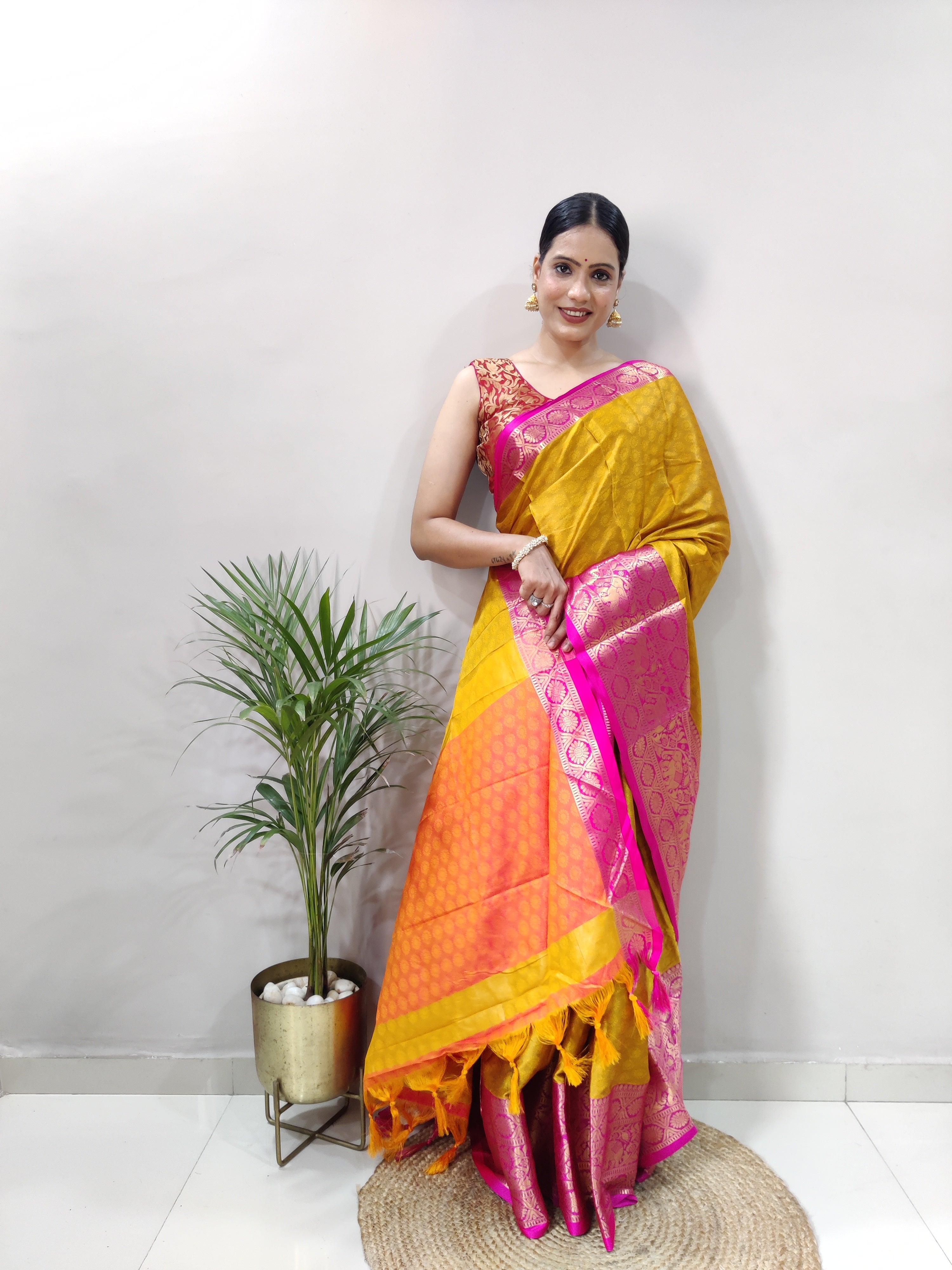 Lemon Pink Silver Copper Design Gajanan Pure Silk Saree