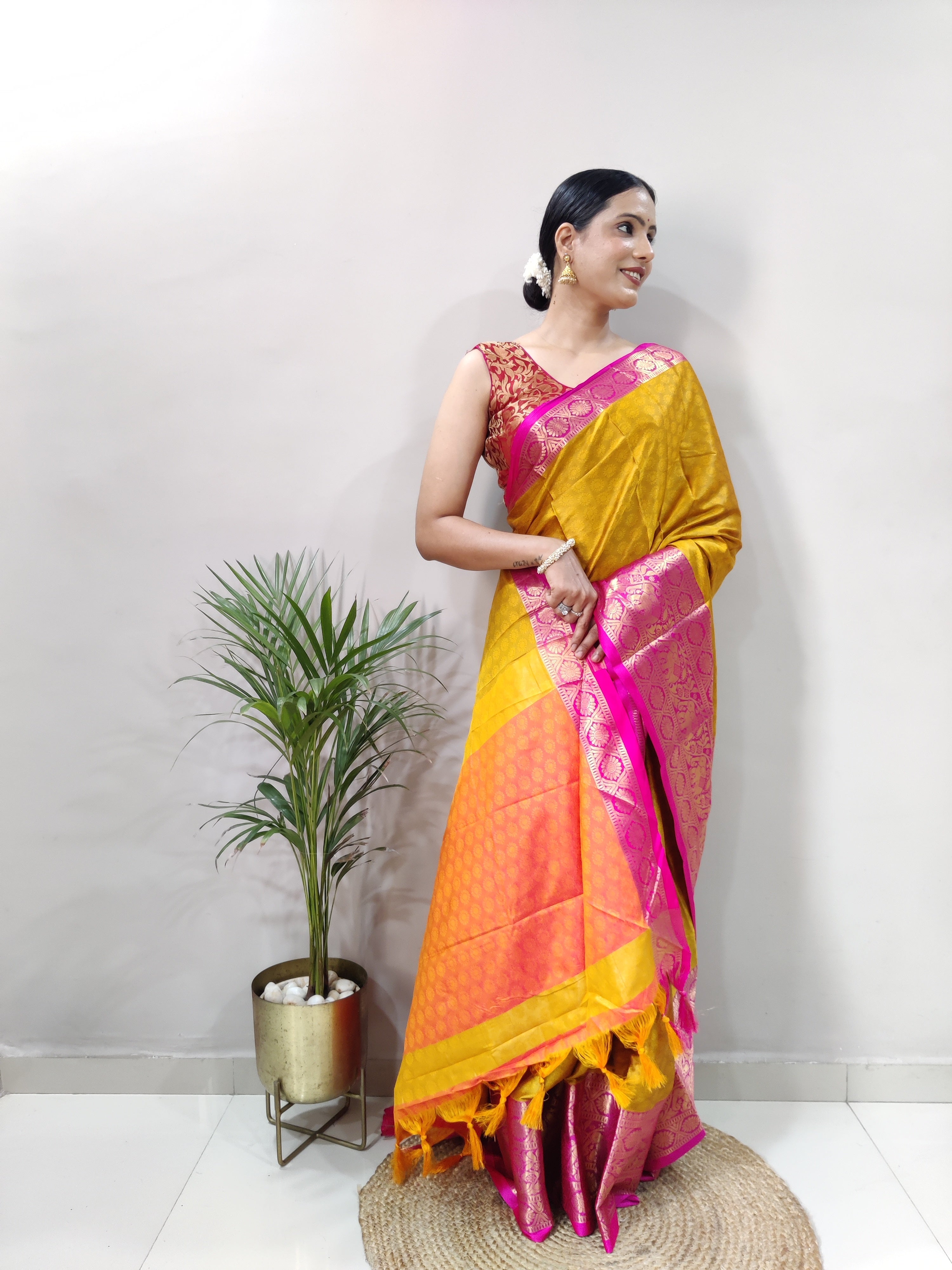 Lemon Pink Silver Copper Design Gajanan Pure Silk Saree