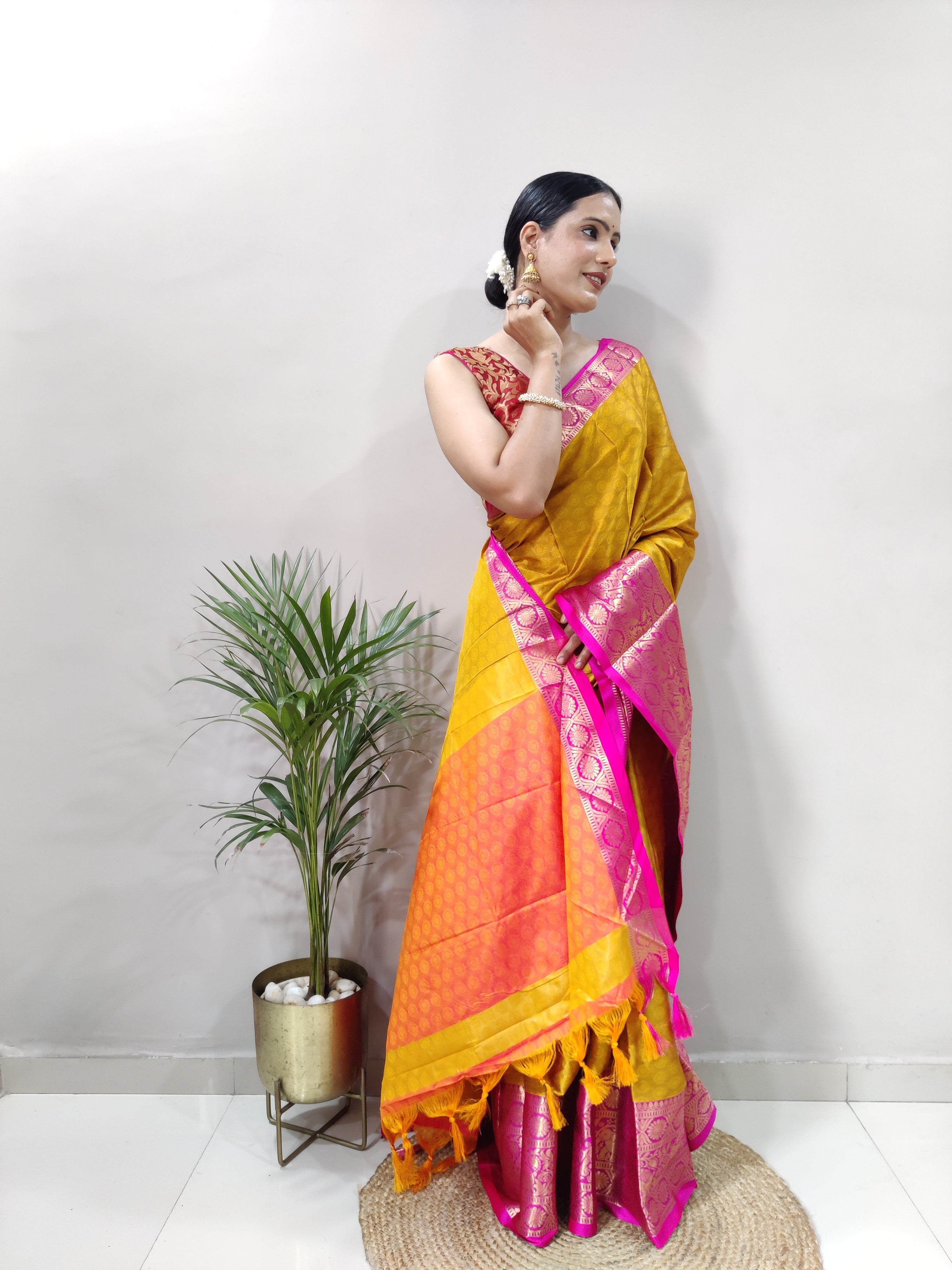 Lemon Pink Silver Copper Design Gajanan Pure Silk Saree