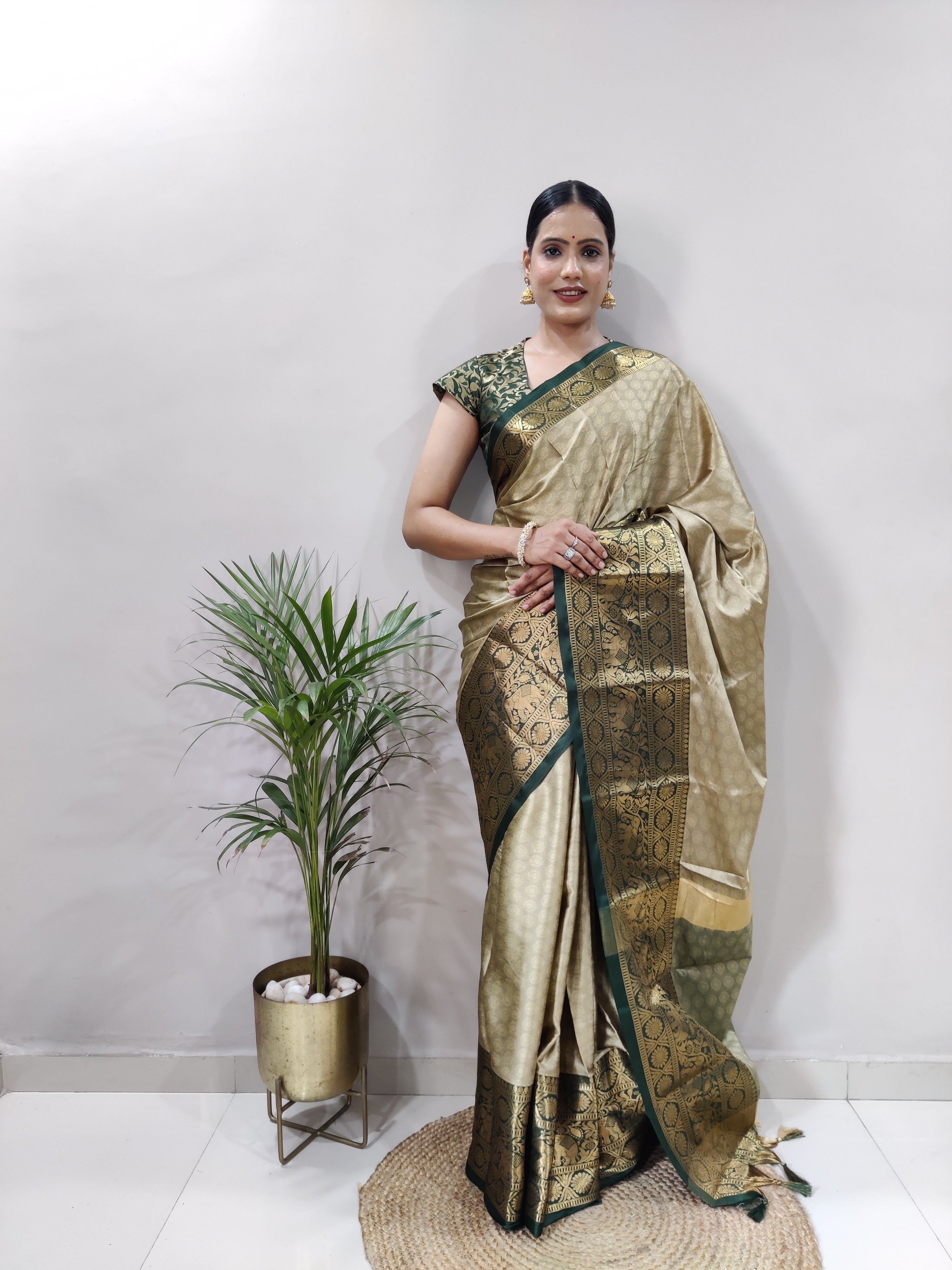 Chiku Green Silver Copper Design Gajanan Pure Silk Saree