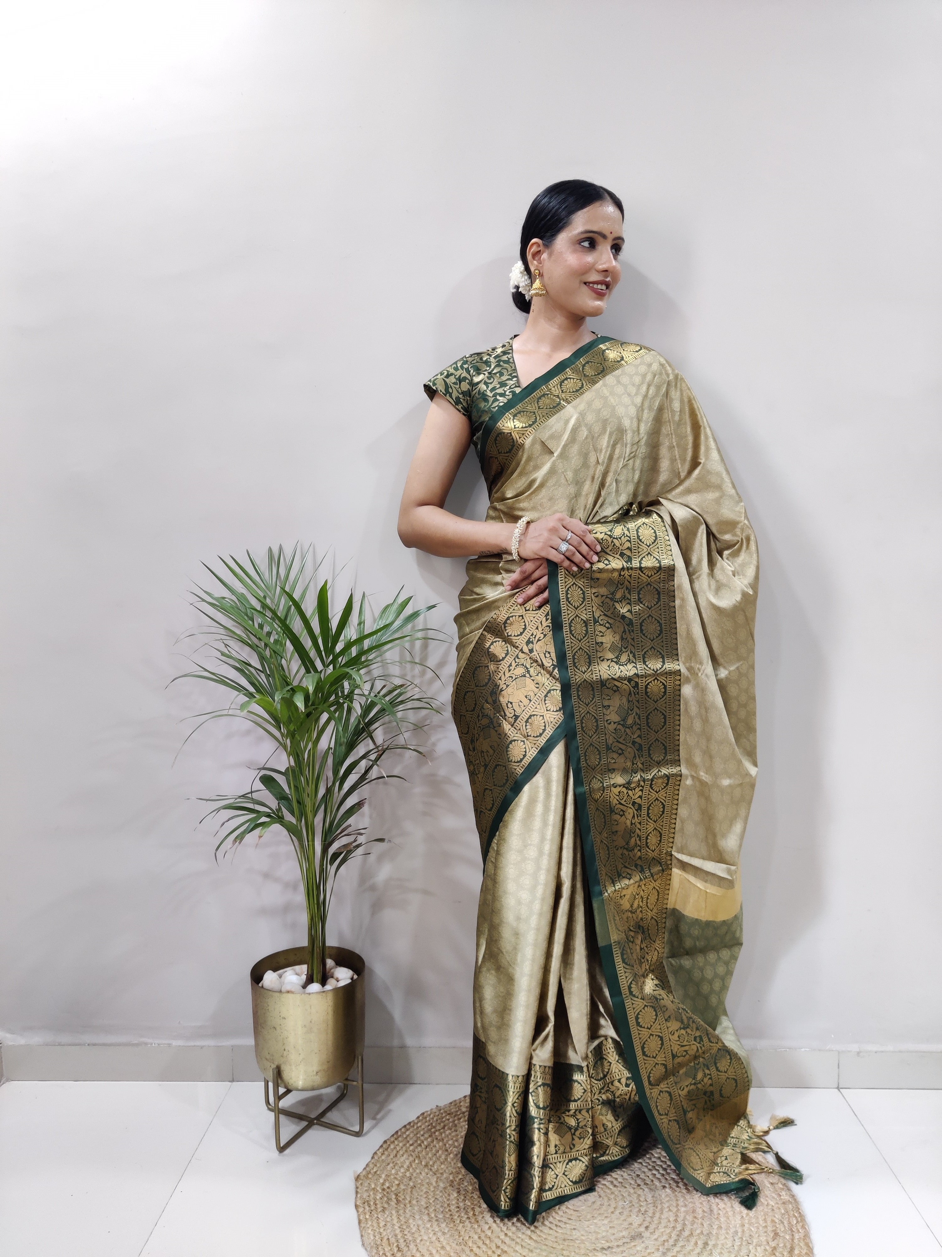 Chiku Green Silver Copper Design Gajanan Pure Silk Saree