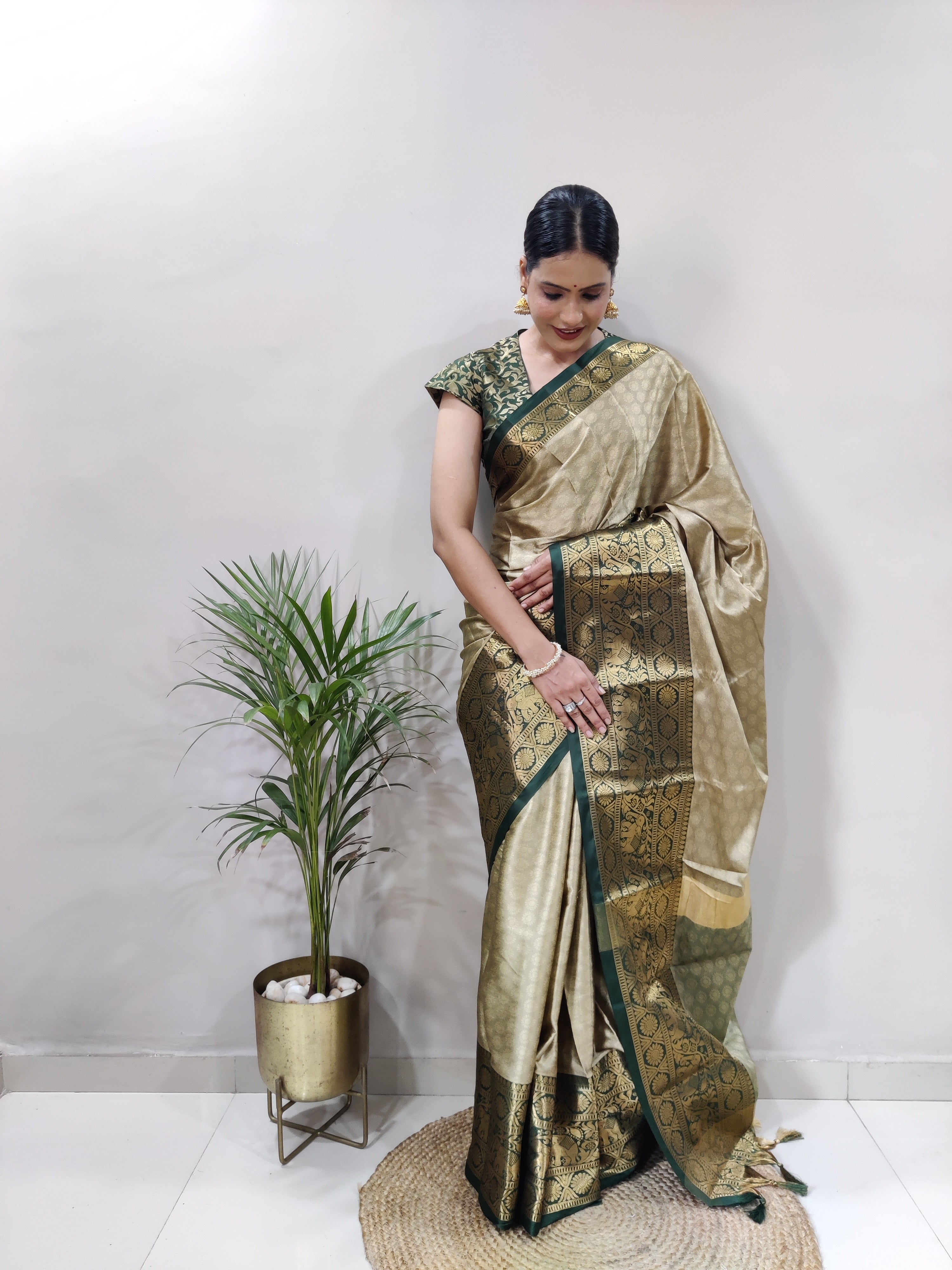 Chiku Green Silver Copper Design Gajanan Pure Silk Saree