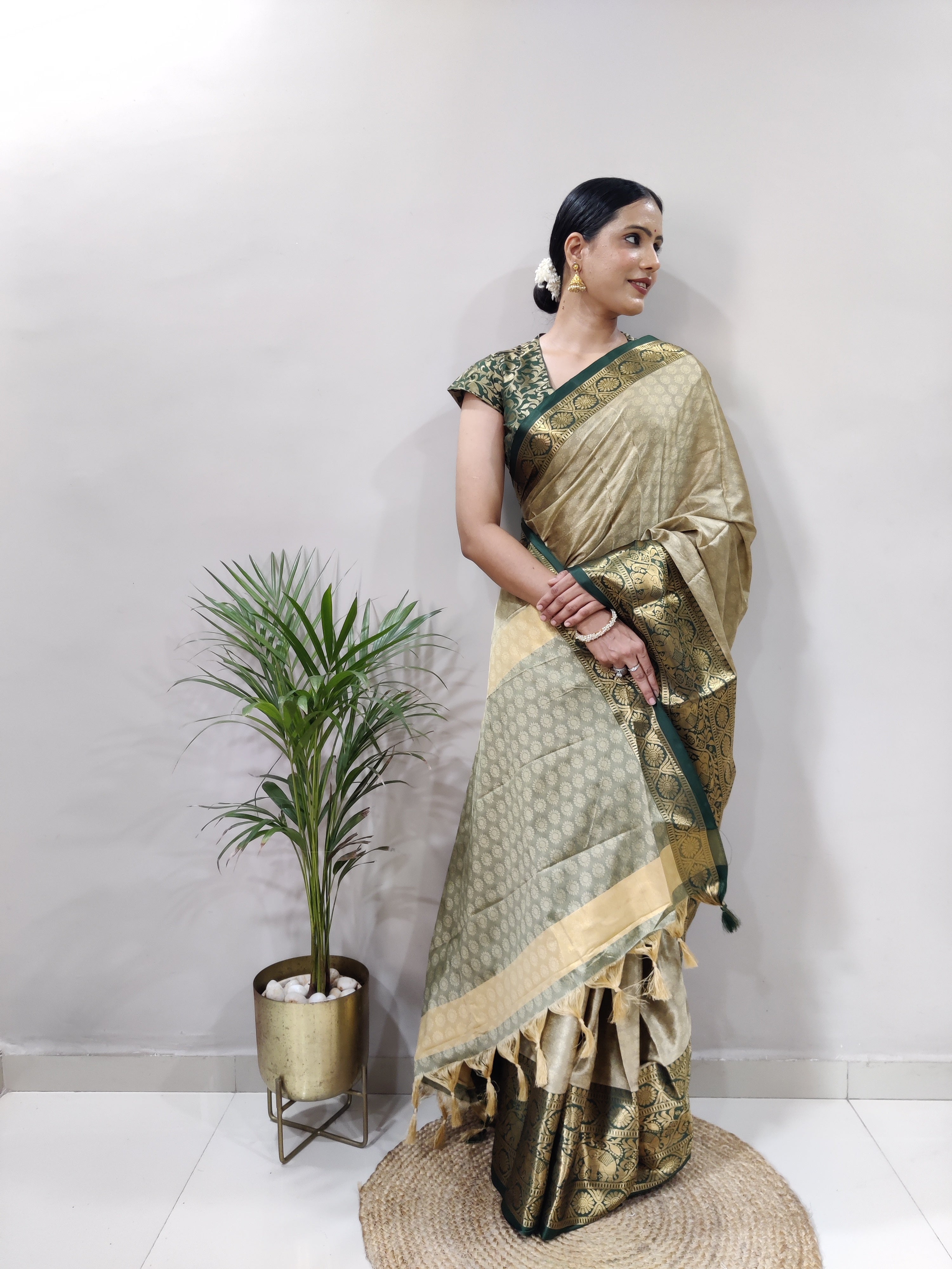 Chiku Green Silver Copper Design Gajanan Pure Silk Saree