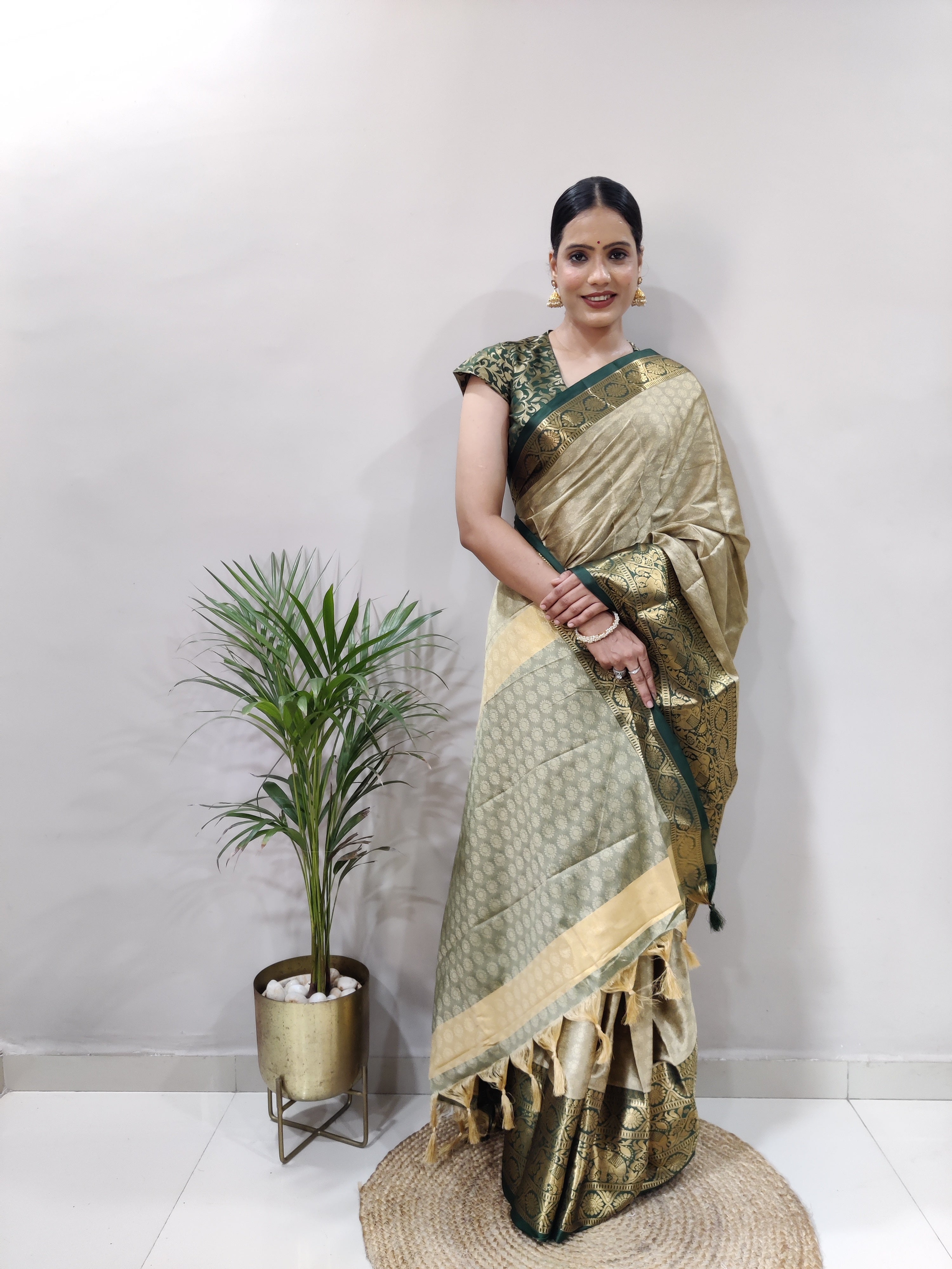 Chiku Green Silver Copper Design Gajanan Pure Silk Saree