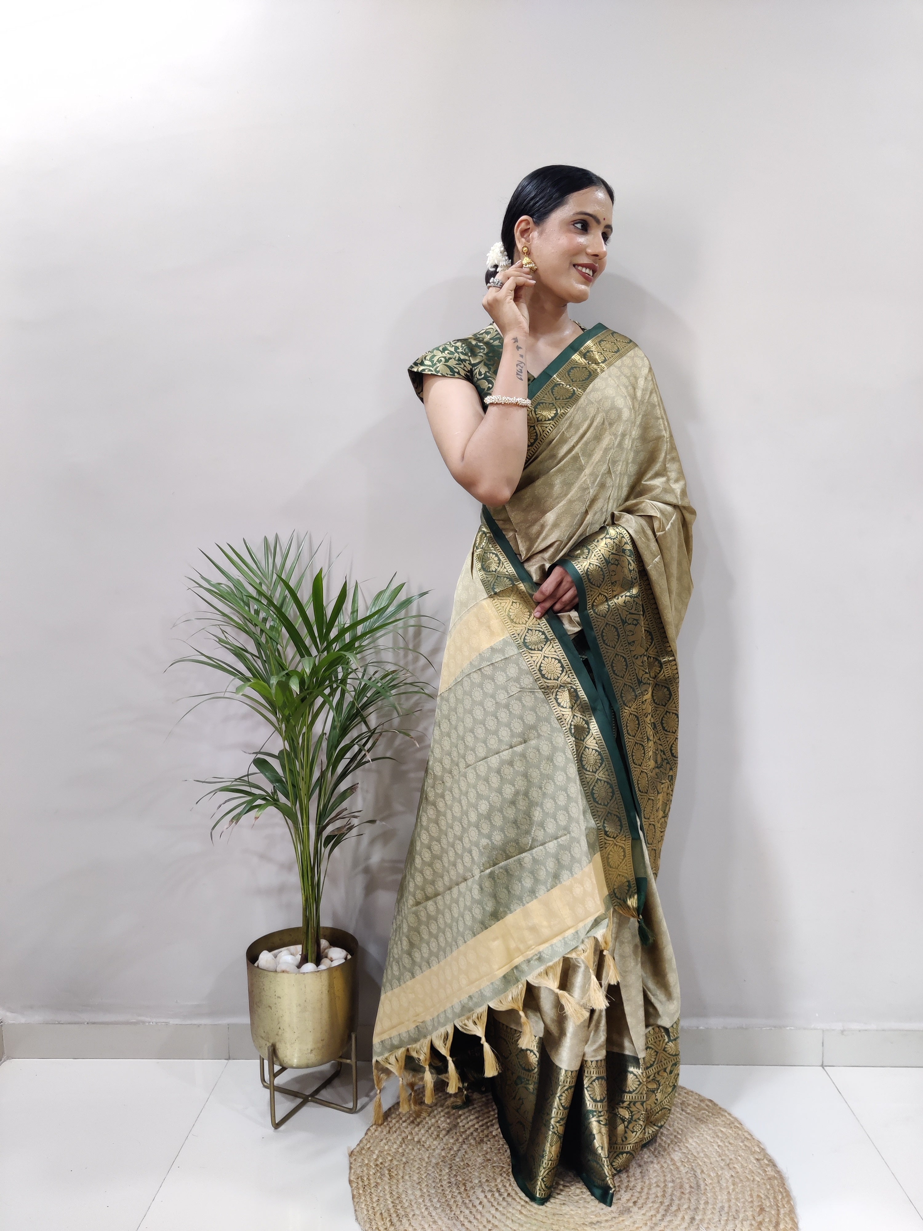 Chiku Green Silver Copper Design Gajanan Pure Silk Saree