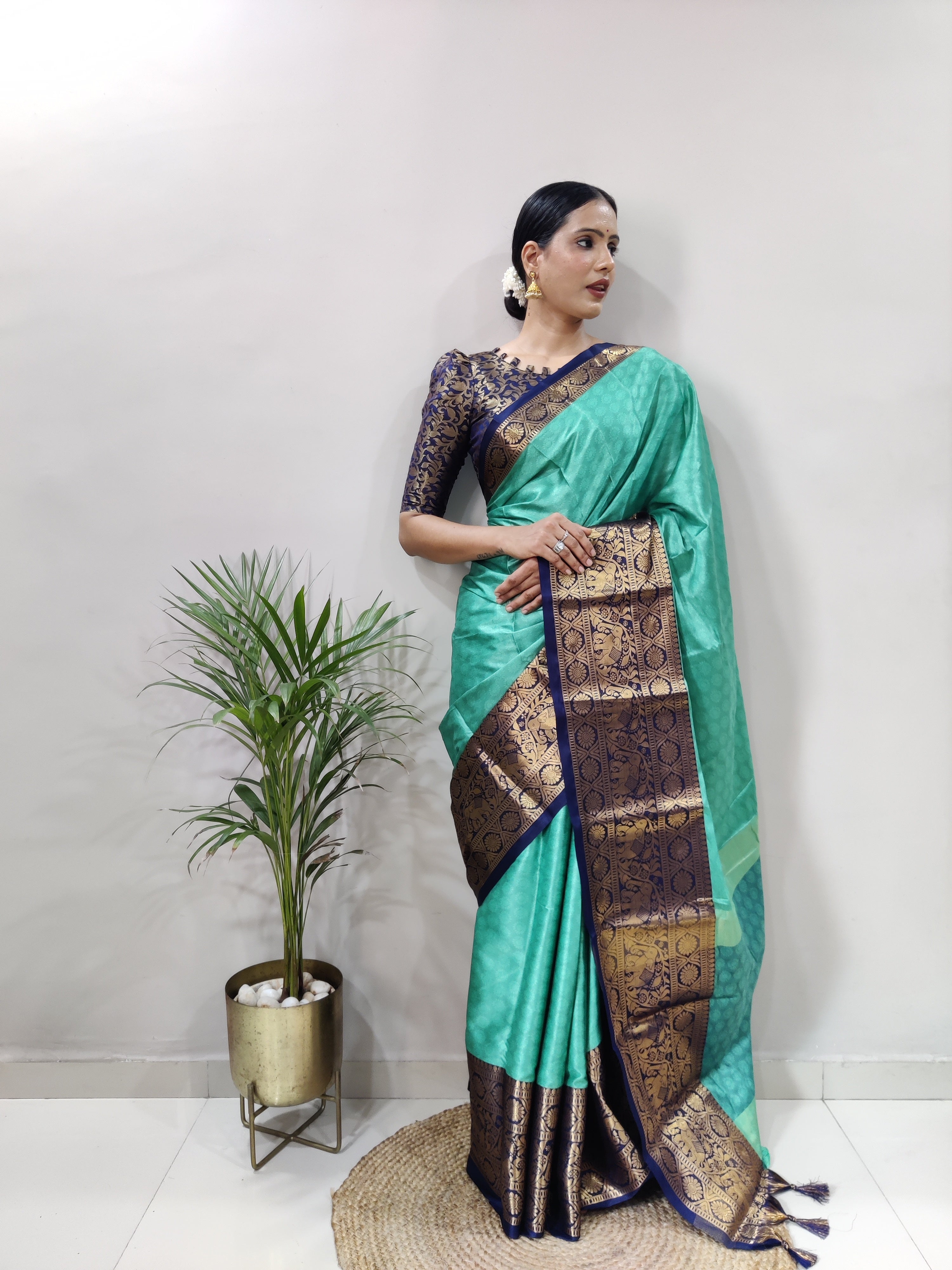 Rama Blue Silver Copper Design Gajanan Pure Silk Saree