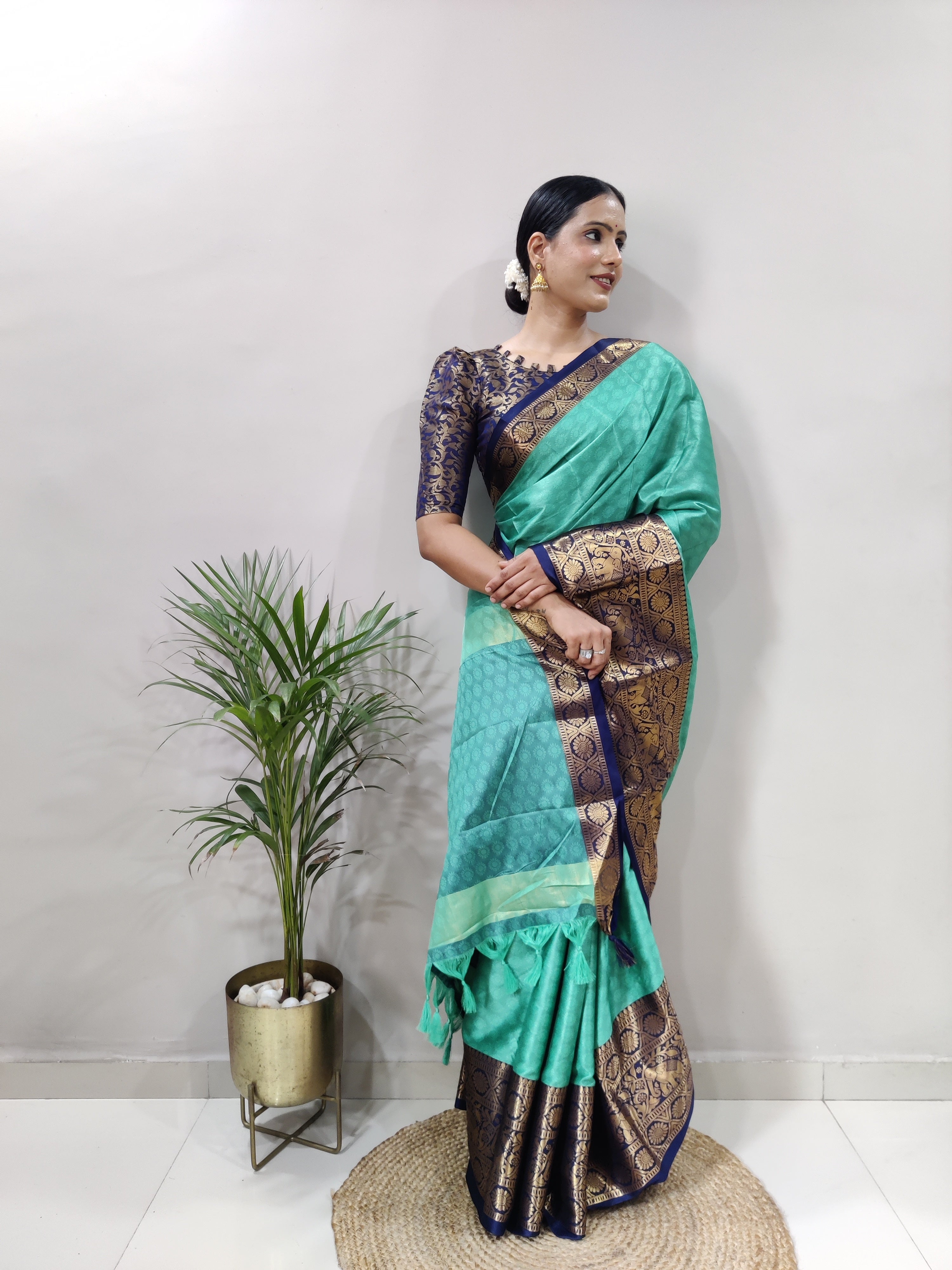 Rama Blue Silver Copper Design Gajanan Pure Silk Saree