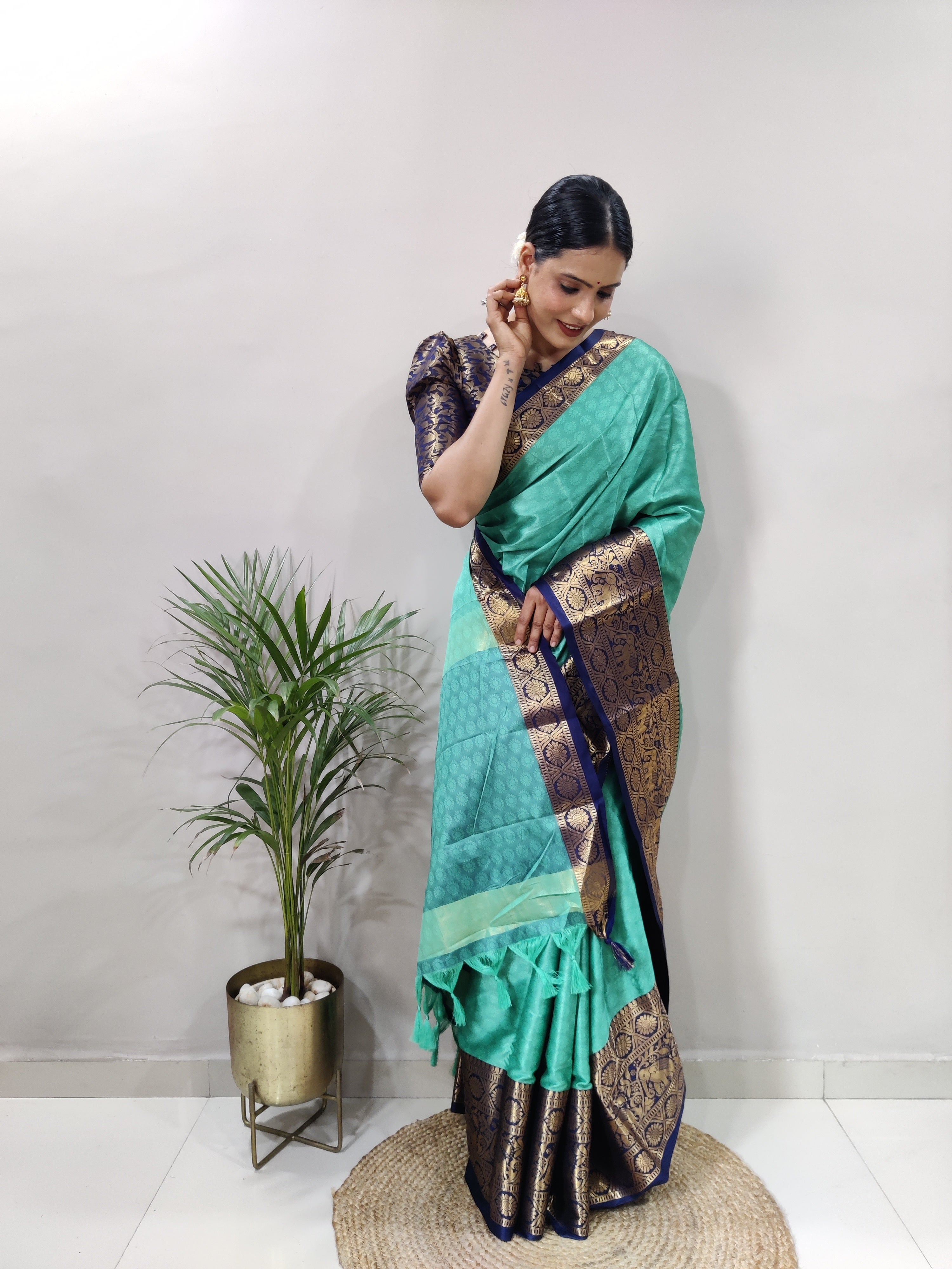 Rama Blue Silver Copper Design Gajanan Pure Silk Saree