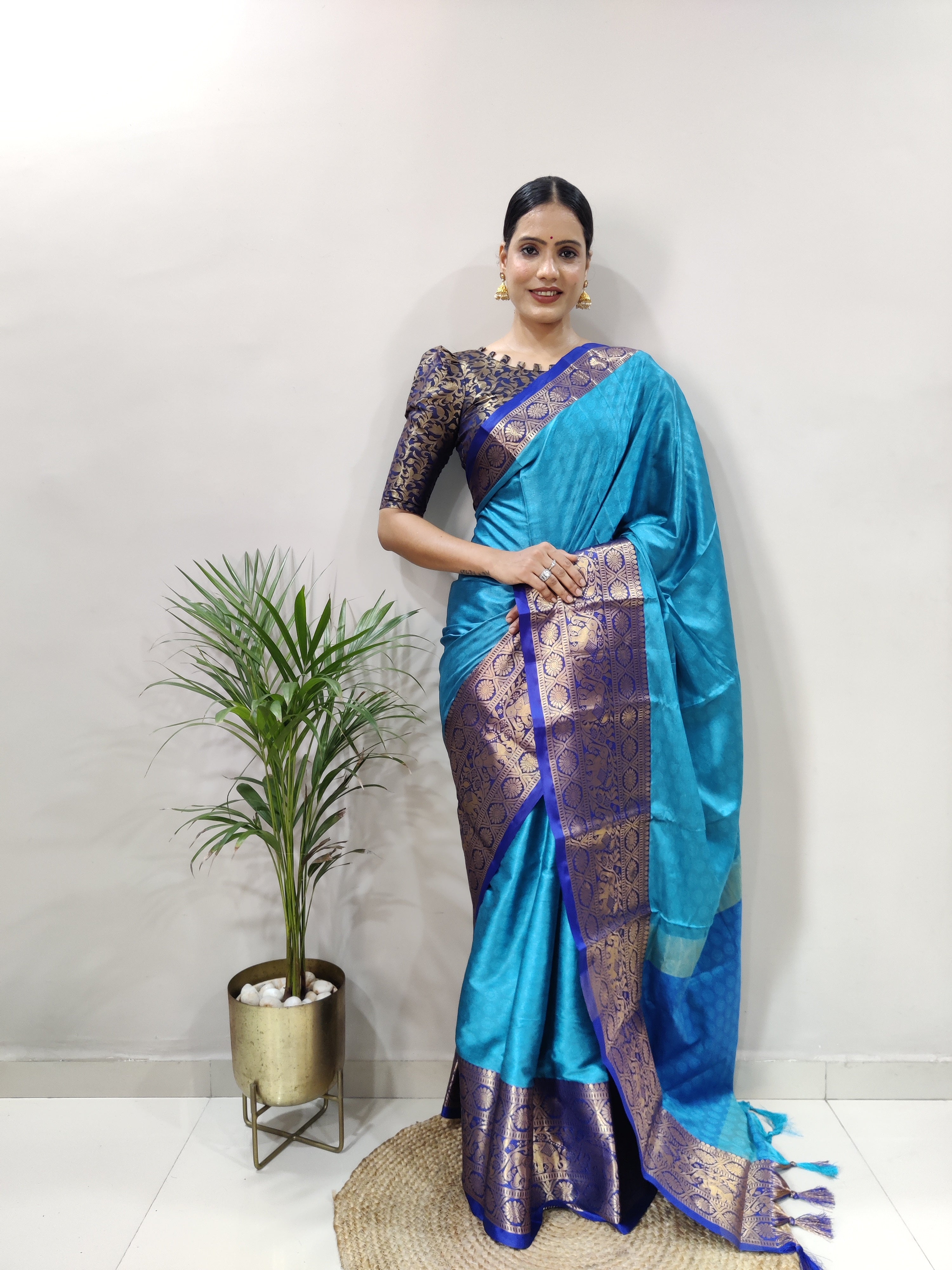 Sky Blue Silver Copper Design Gajanan Pure Silk Saree