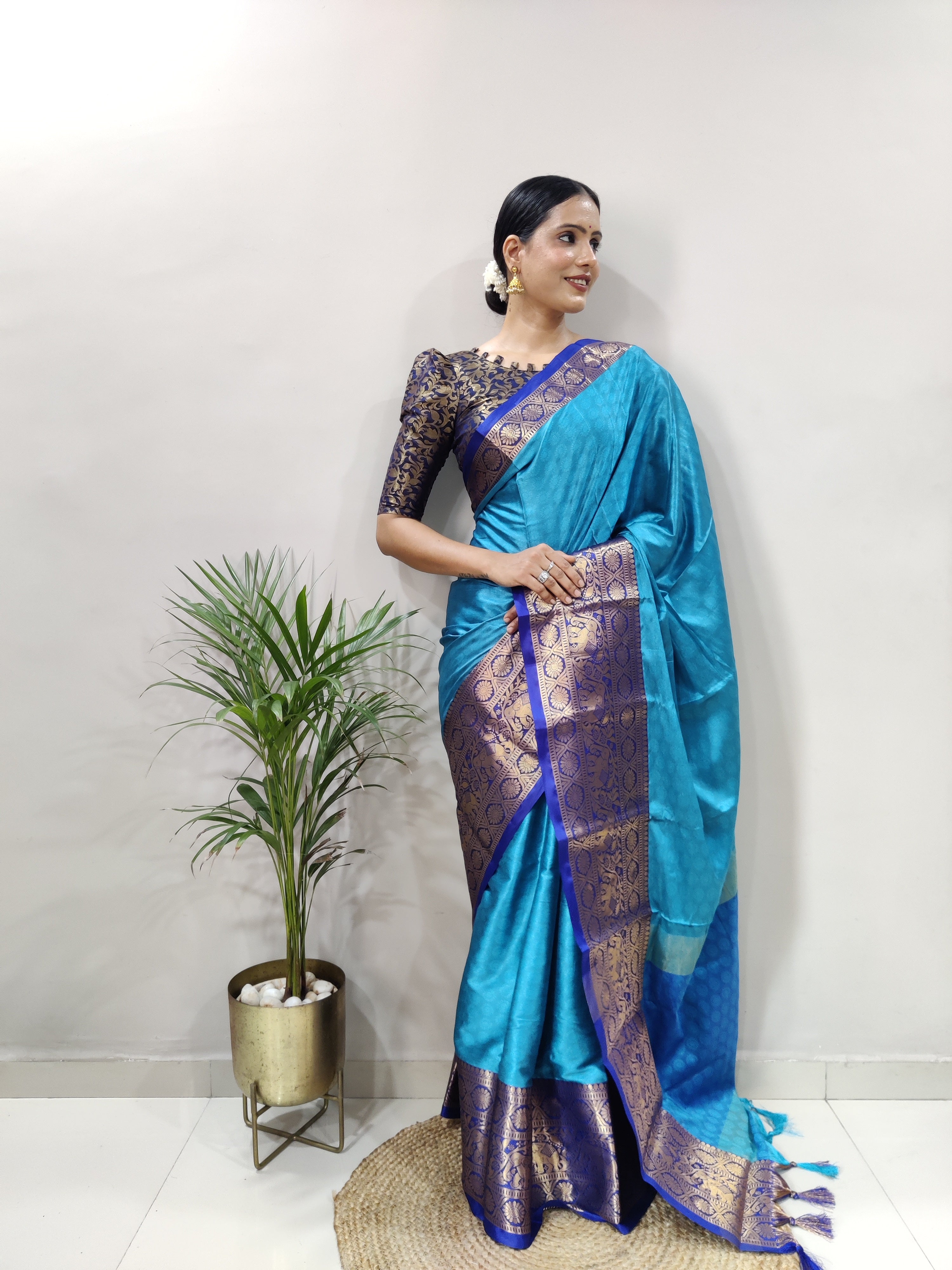 Sky Blue Silver Copper Design Gajanan Pure Silk Saree