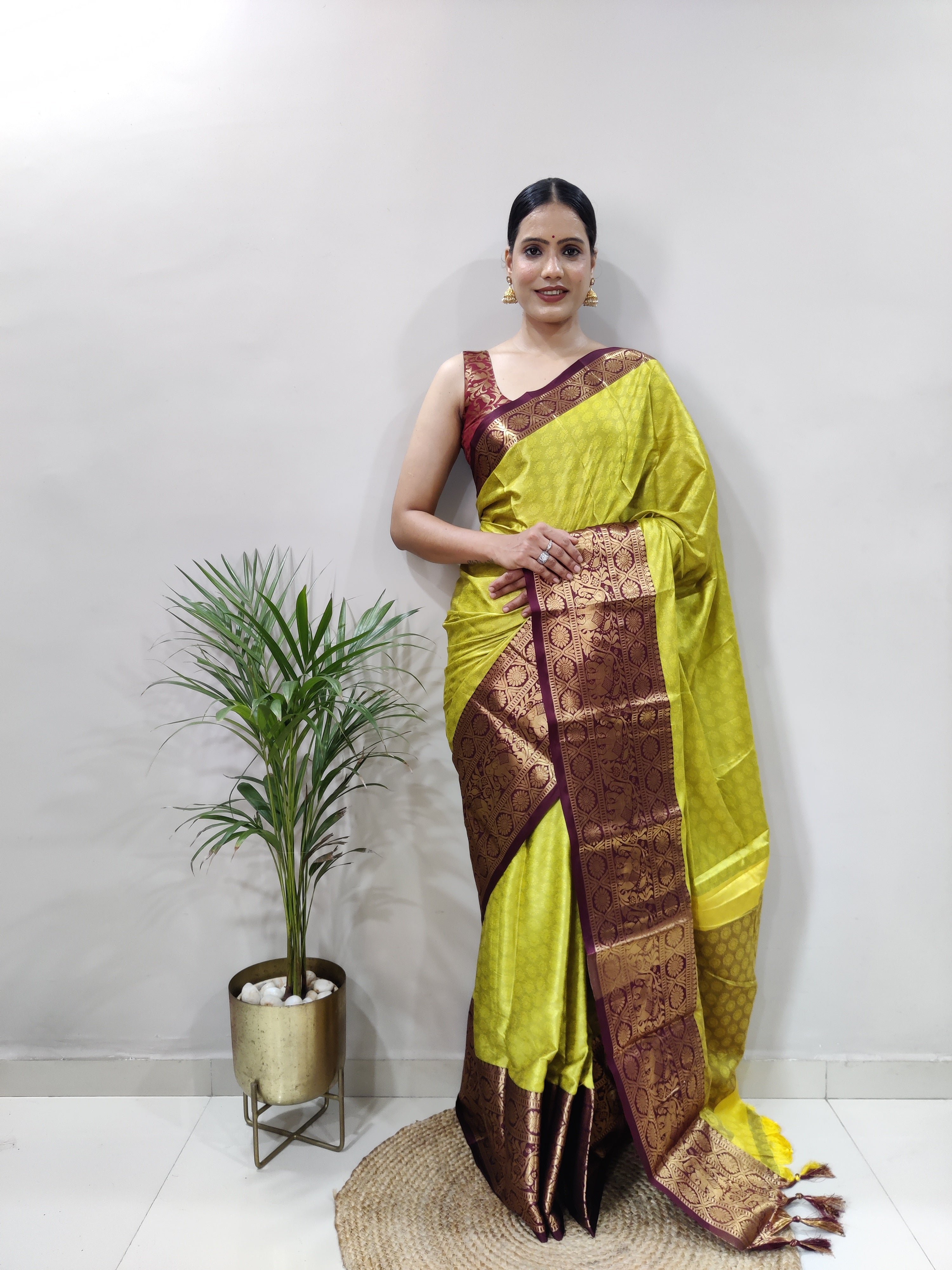 Lemon Brown Silver Copper Design Gajanan Pure Silk Saree