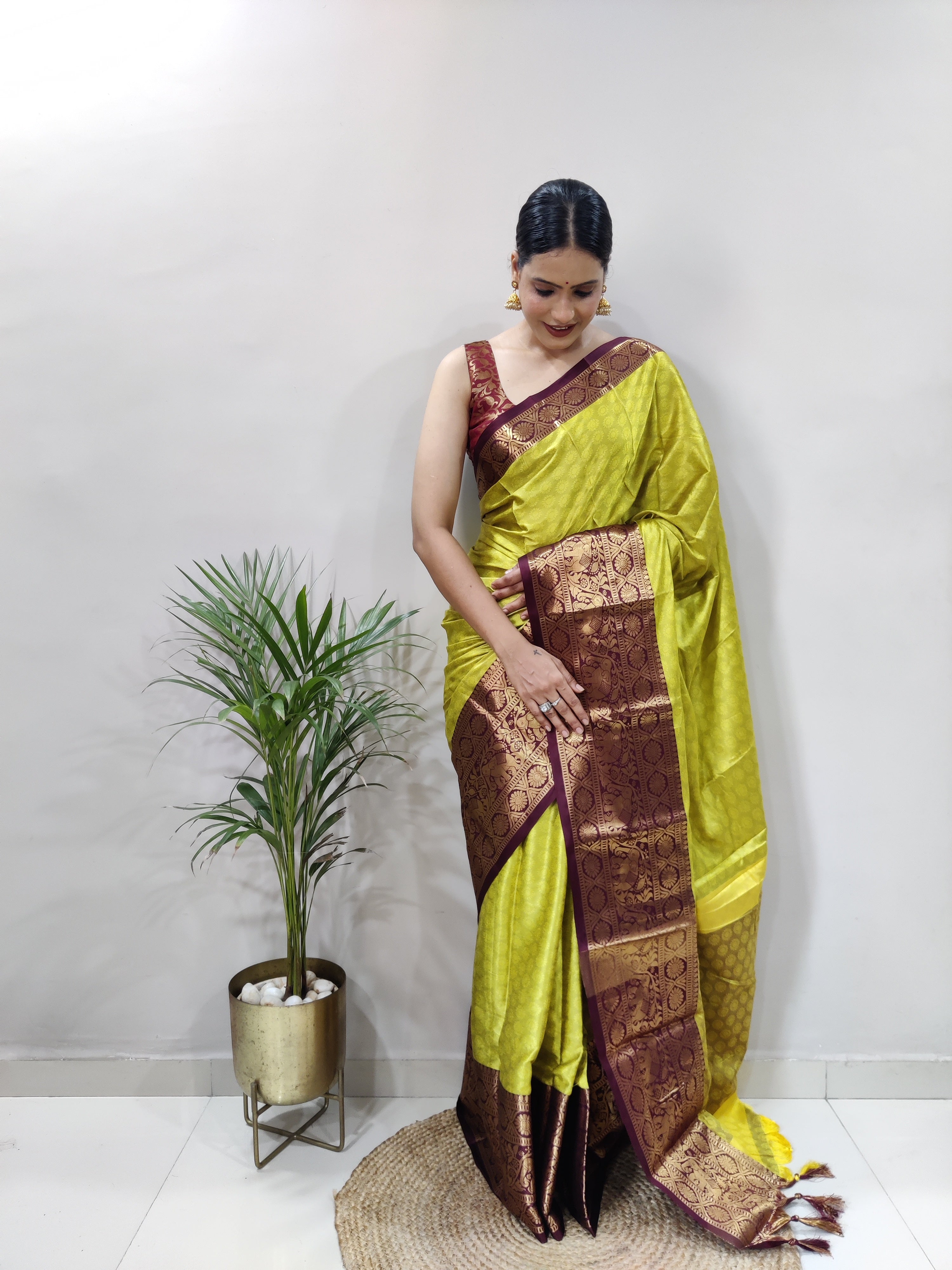 Lemon Brown Silver Copper Design Gajanan Pure Silk Saree